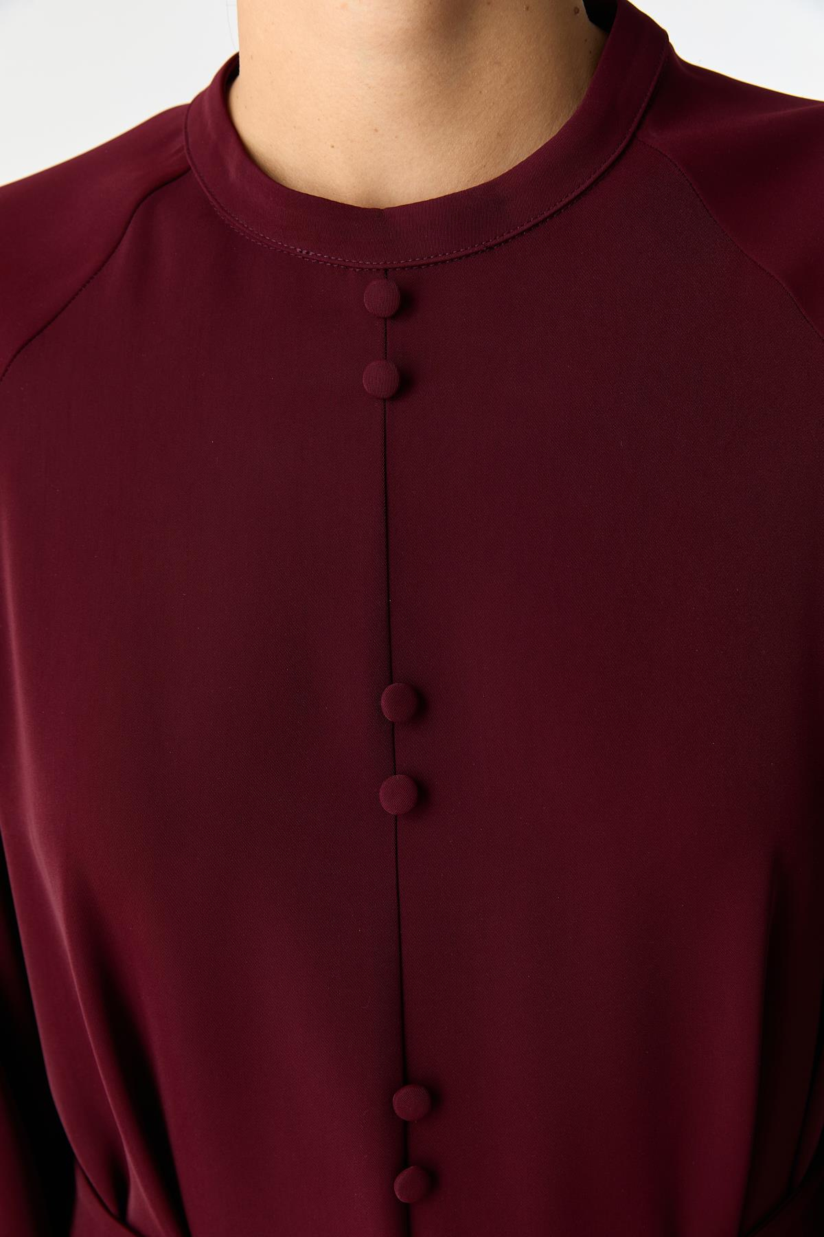 Önü Düğmeli Dökümlü Elbise BORDO{KATEGORİ}