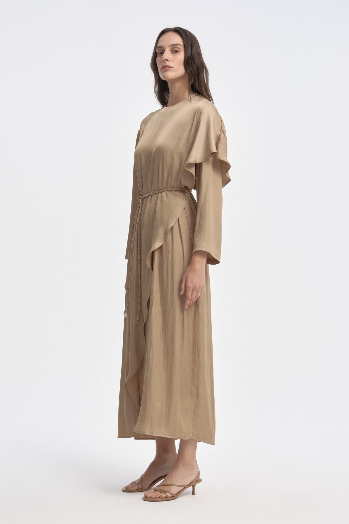 Örgü Kemerli Katmanlı Elbise CAMEL{KATEGORİ}