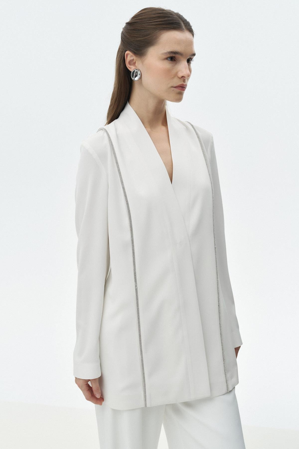 Parlak Biye Detaylı Ceket BEYAZ{KATEGORİ}