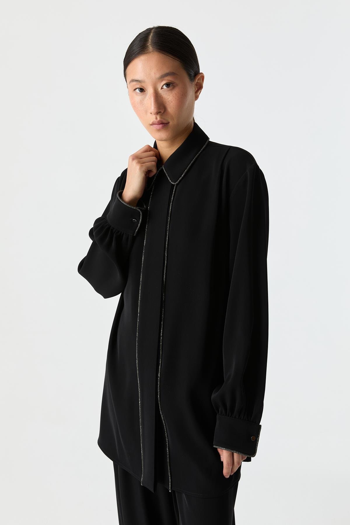 Parlak Biye Detaylı Gömlek SİYAH{KATEGORİ}