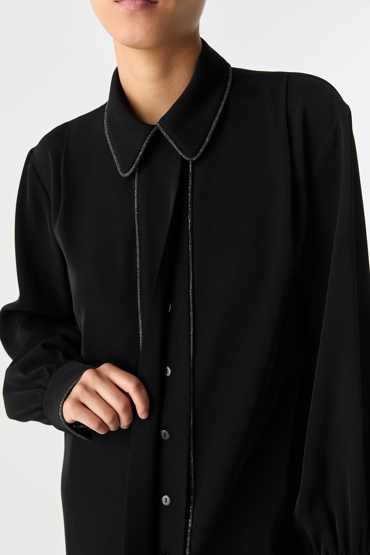 Parlak Biye Detaylı Gömlek SİYAH{KATEGORİ}