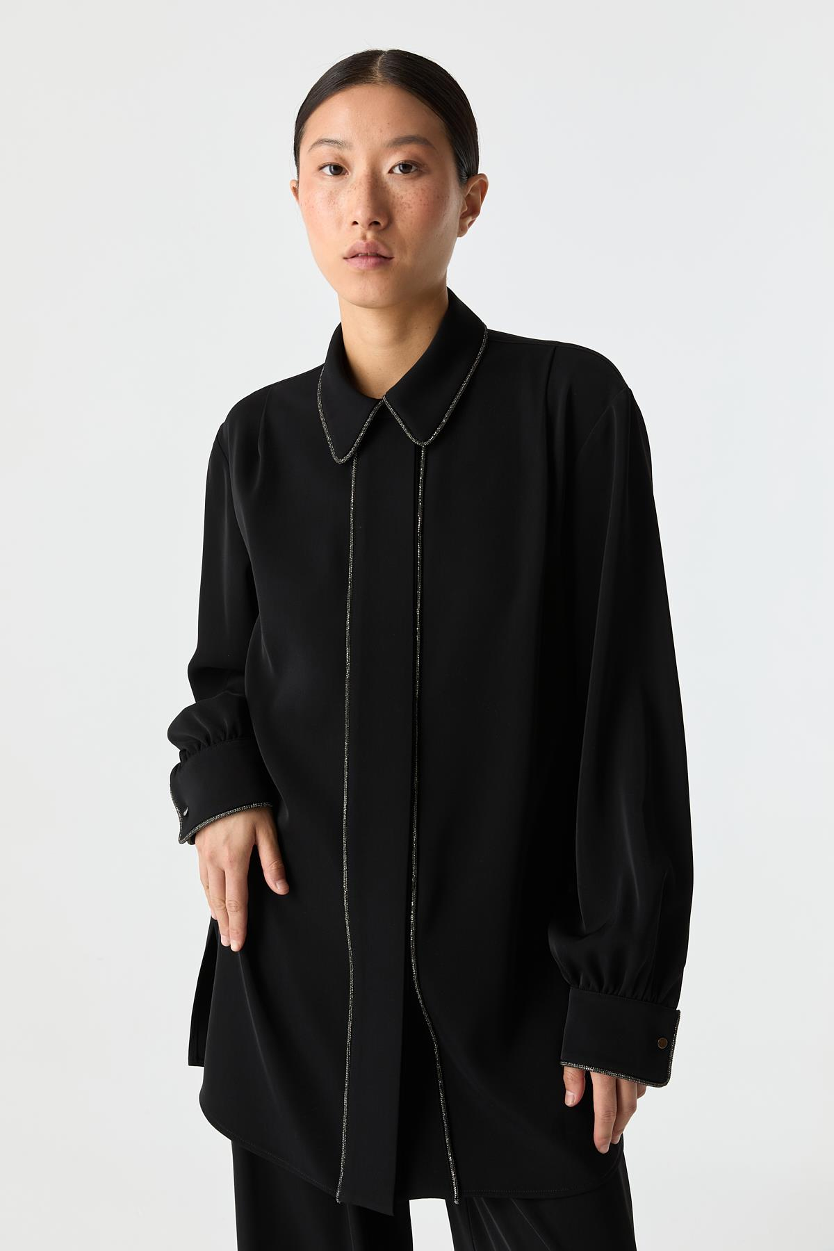 Parlak Biye Detaylı Gömlek SİYAH{KATEGORİ}