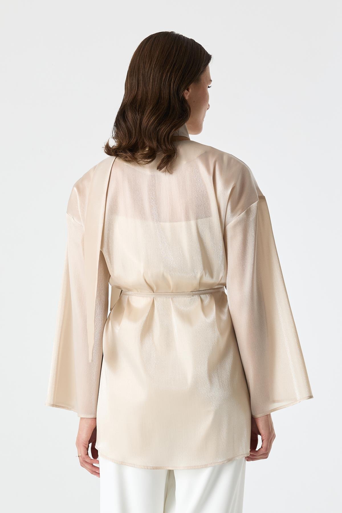 Parlak Dokulu Yırtmaçlı Kimono BEJ{KATEGORİ}