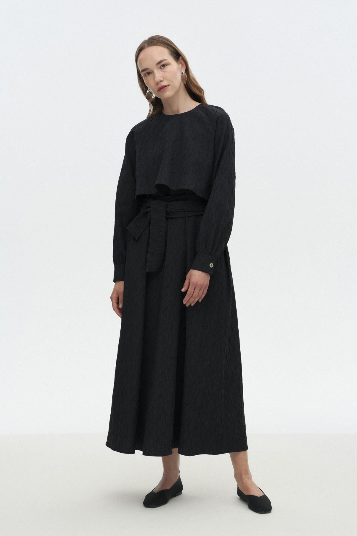 Pelerinli Poplin Elbise SİYAH{KATEGORİ}