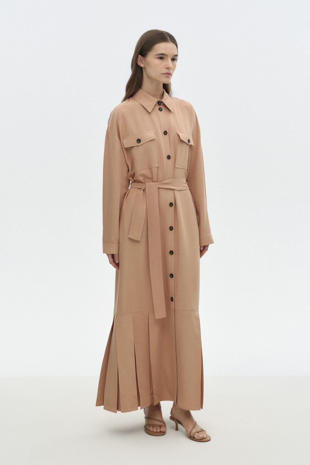 Pili Detaylı Gömlek Elbise MOCHA{KATEGORİ}