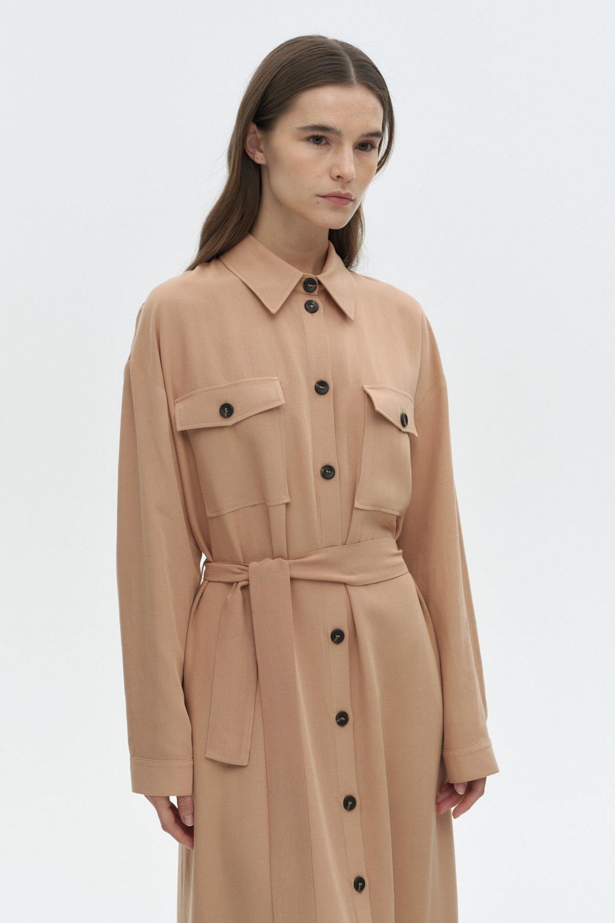 Pili Detaylı Gömlek Elbise MOCHA{KATEGORİ}