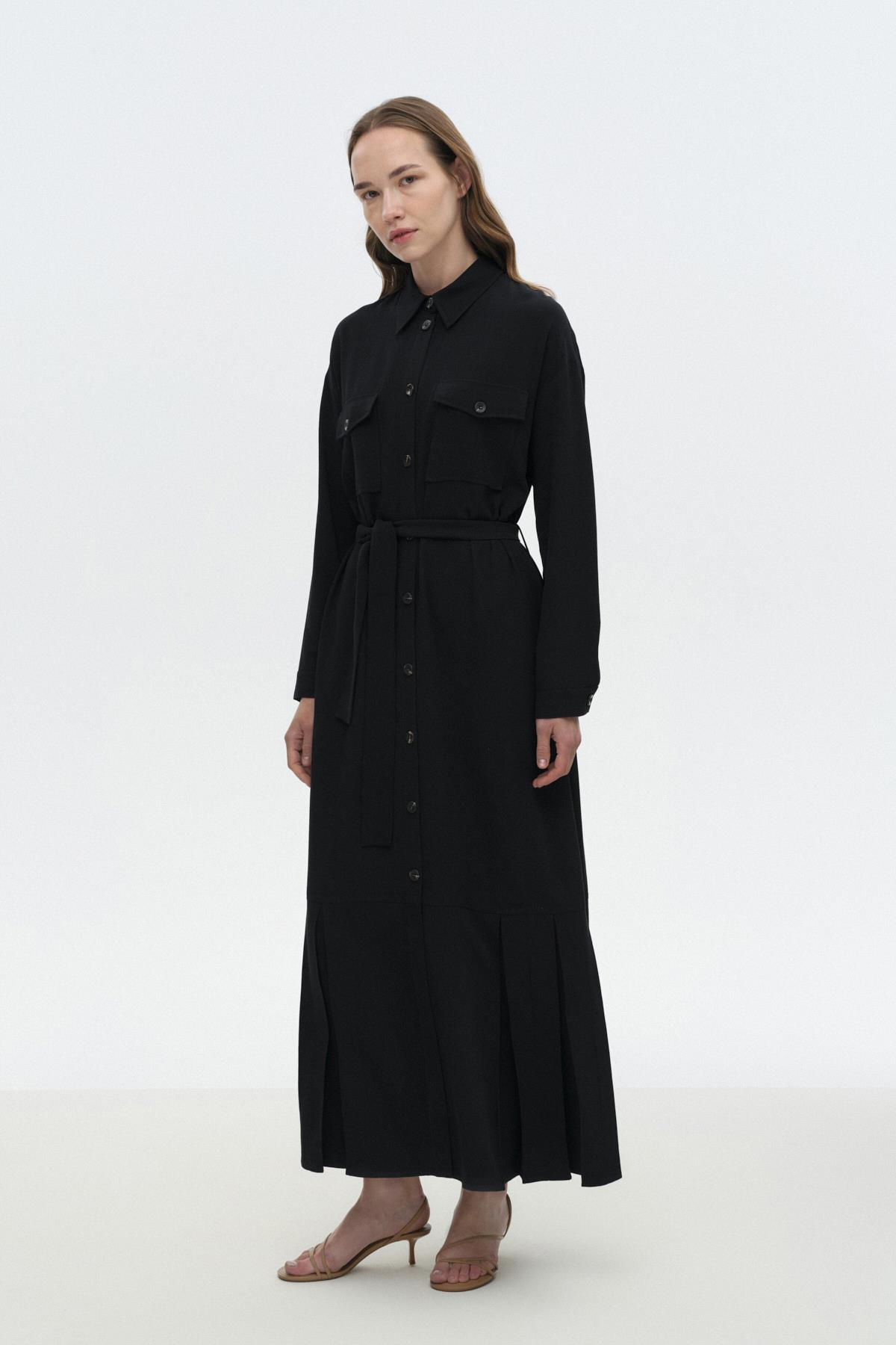 Pili Detaylı Gömlek Elbise SİYAH{KATEGORİ}