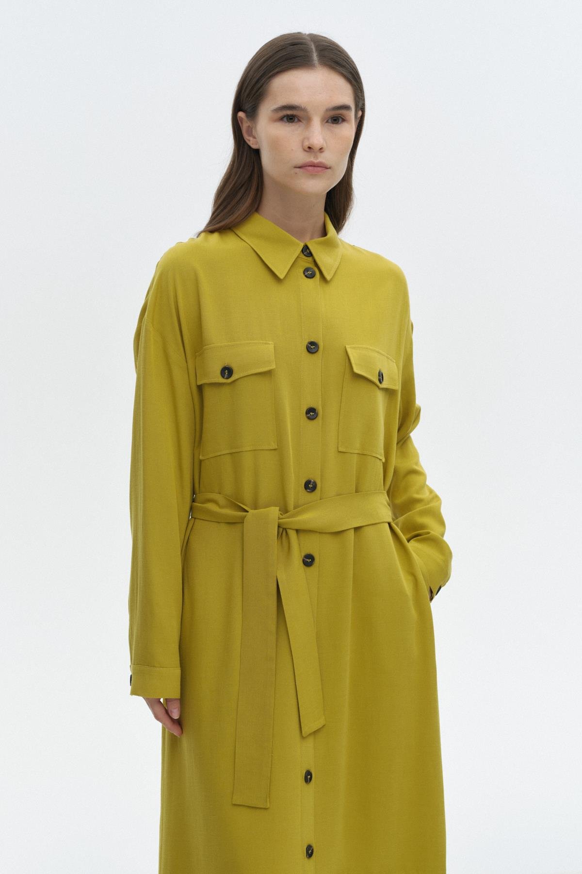 Pili Detaylı Gömlek Elbise LIME{KATEGORİ}