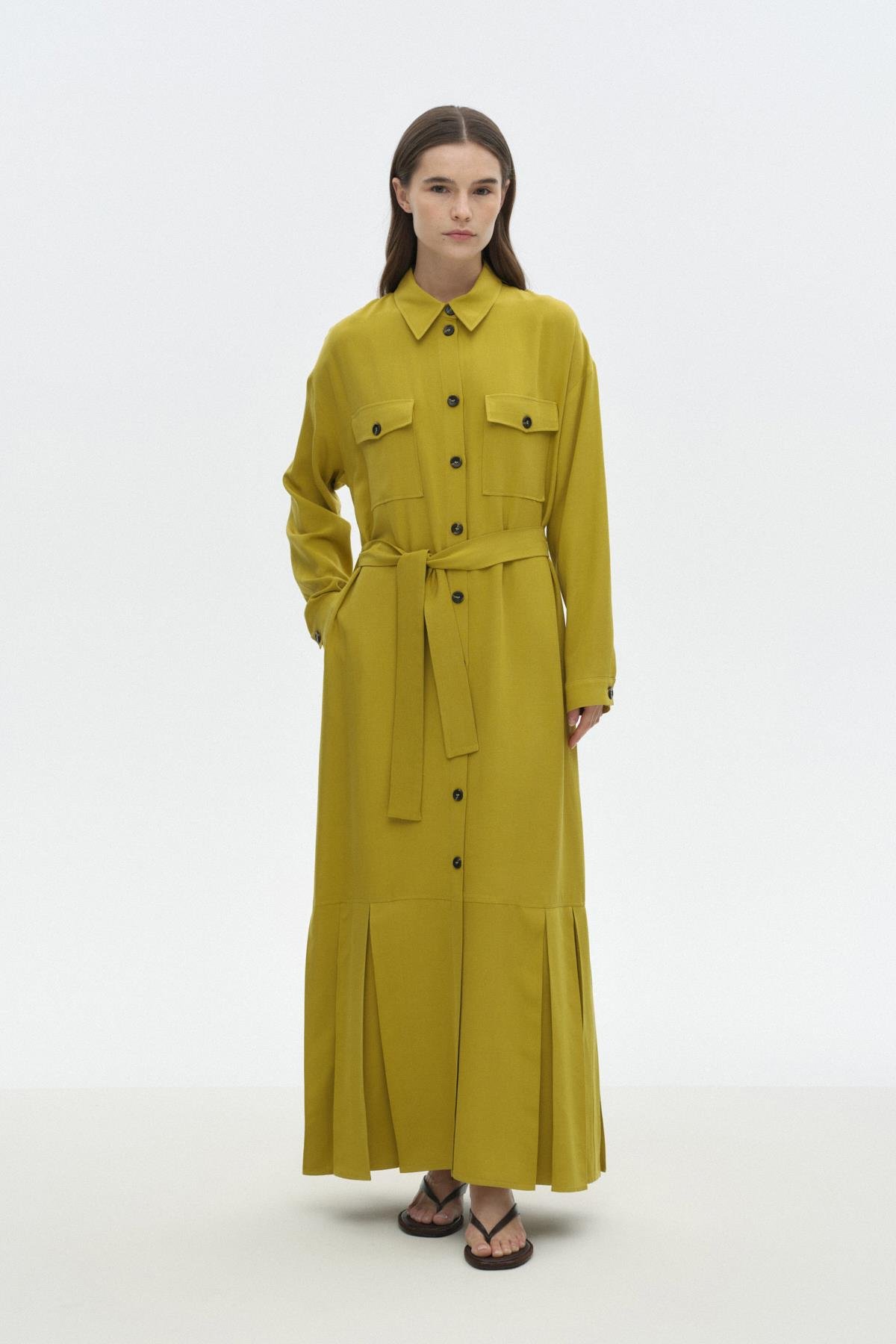 Pili Detaylı Gömlek Elbise LIME{KATEGORİ}