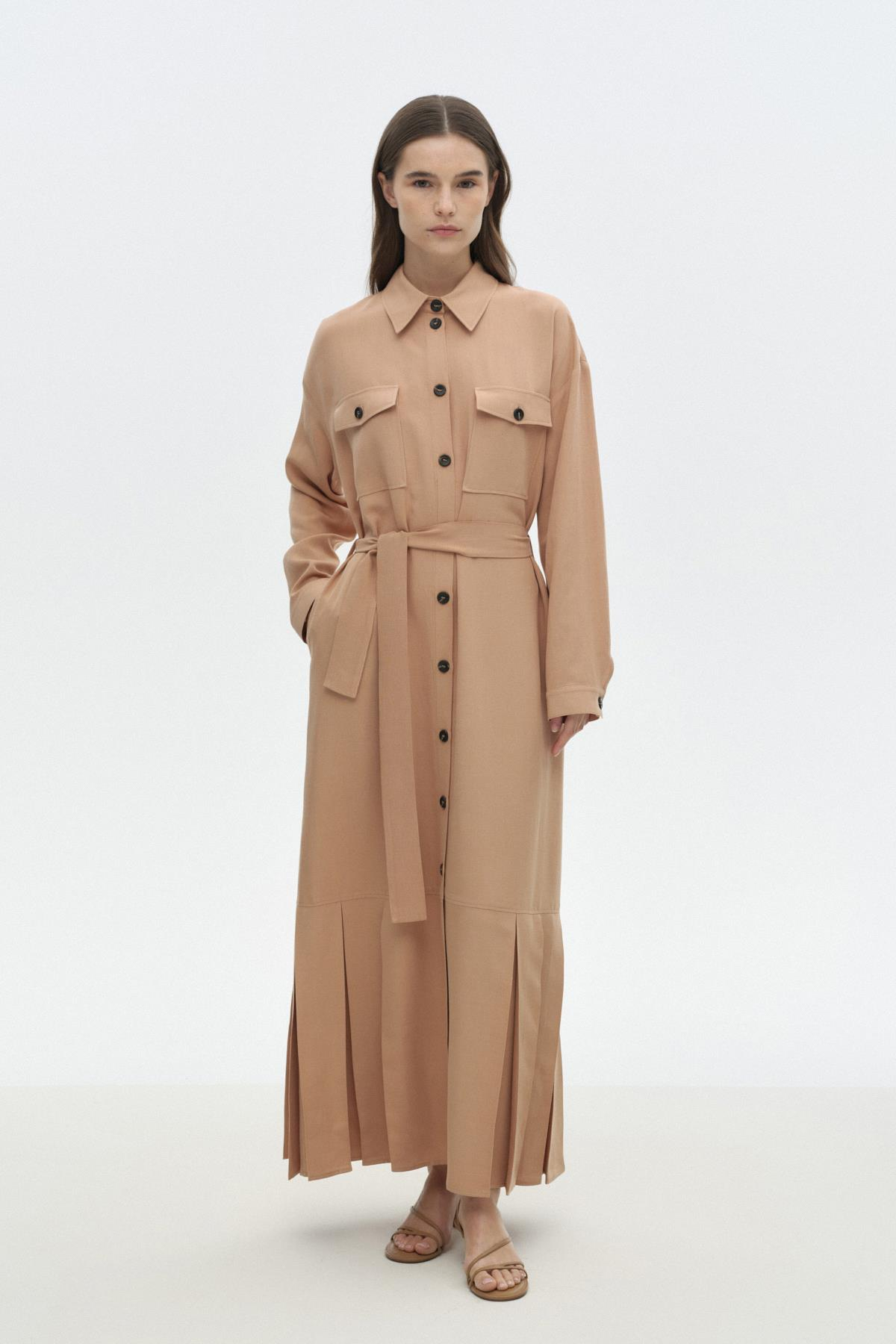 Pili Detaylı Gömlek Elbise MOCHA{KATEGORİ}