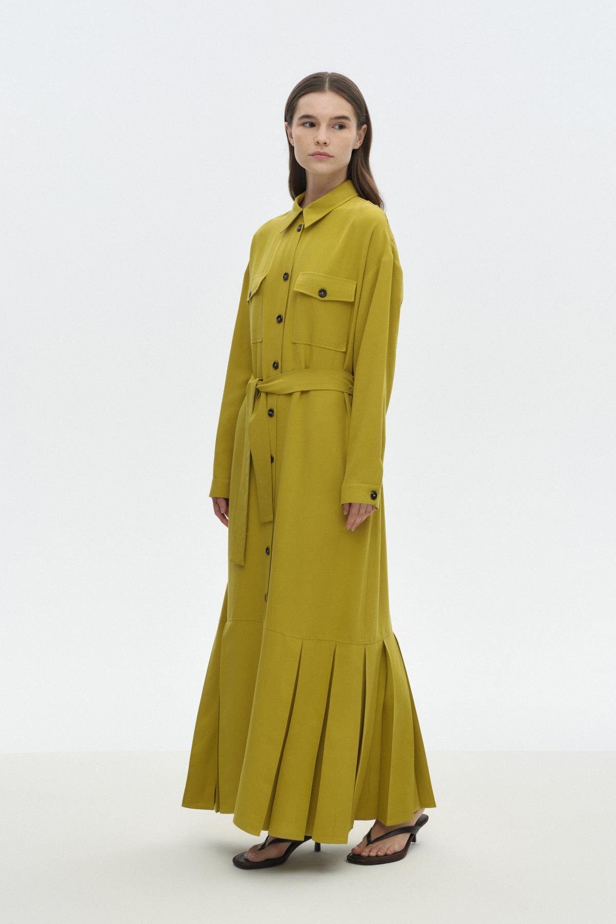 Pili Detaylı Gömlek Elbise LIME{KATEGORİ}