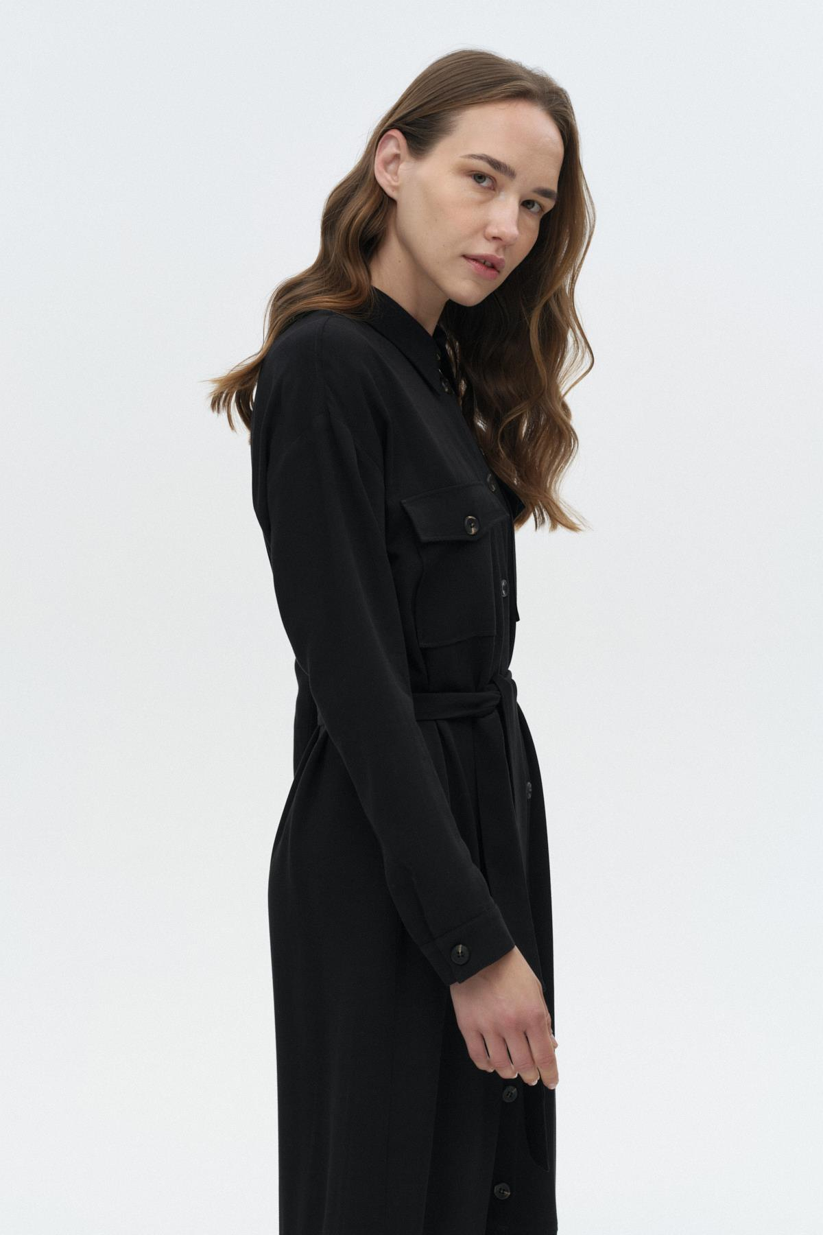 Pili Detaylı Gömlek Elbise SİYAH{KATEGORİ}