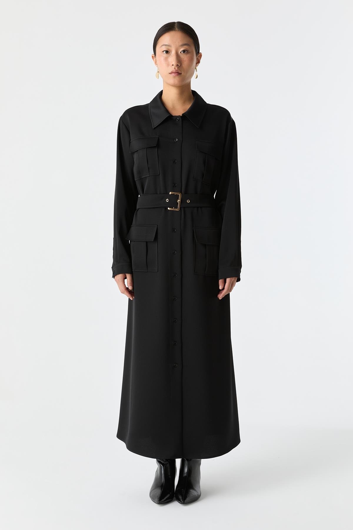 Saten Dokulu Utility Elbise SİYAH{KATEGORİ}