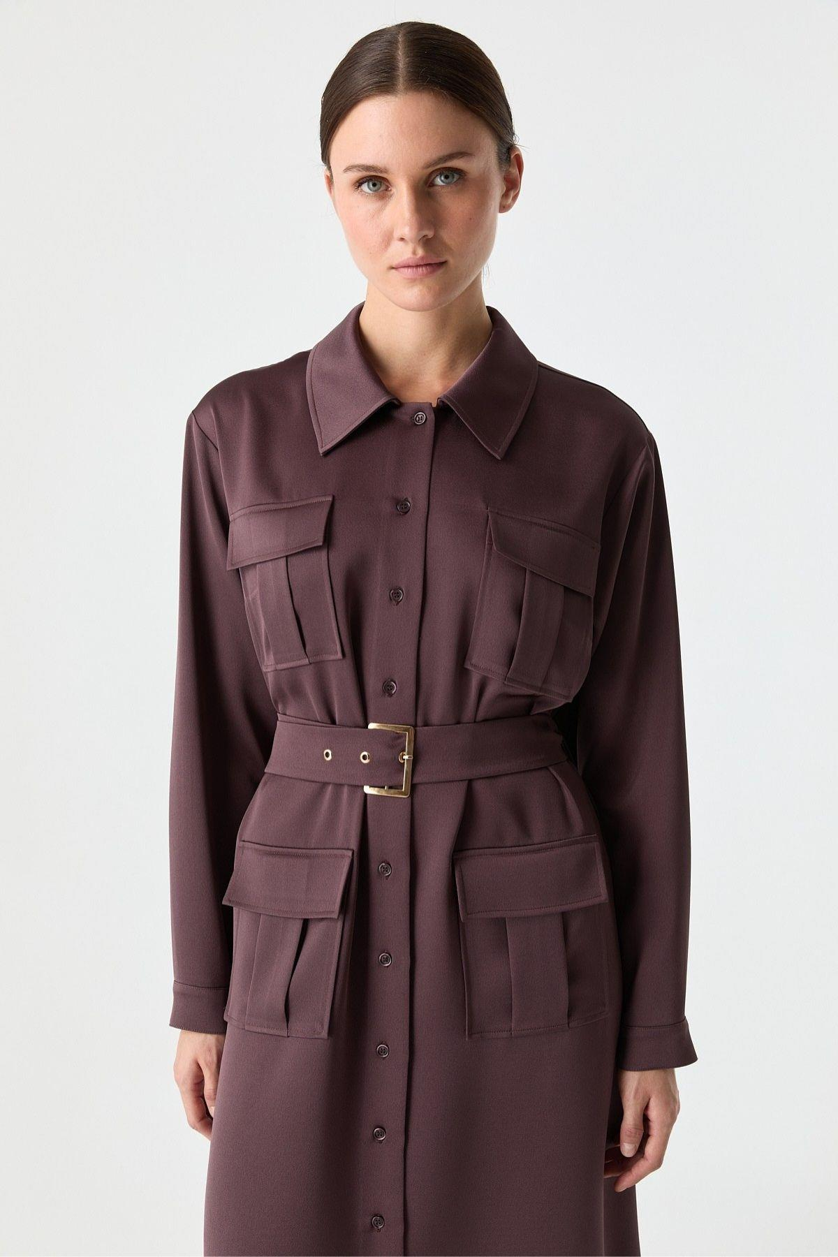 Saten Dokulu Utility Elbise İNCİR{KATEGORİ}