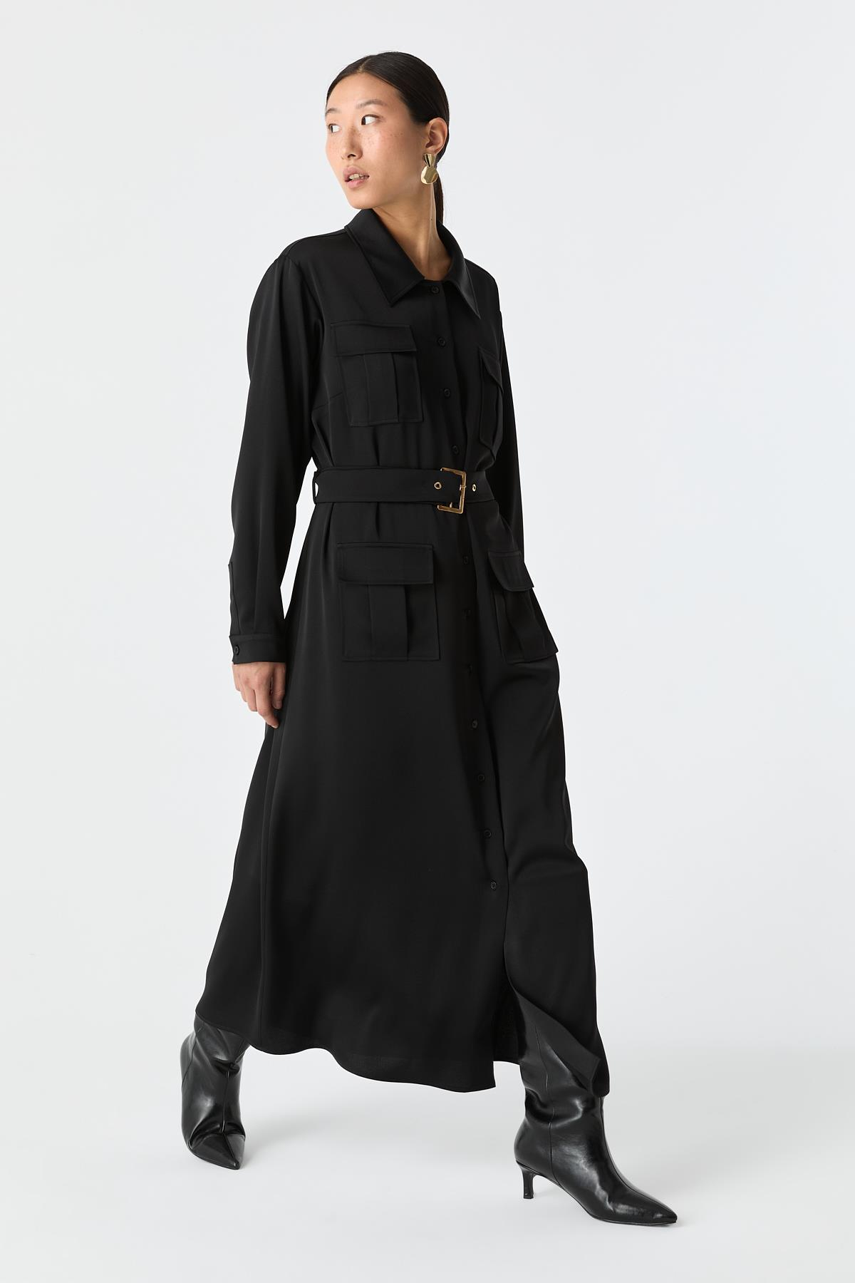 Saten Dokulu Utility Elbise SİYAH{KATEGORİ}