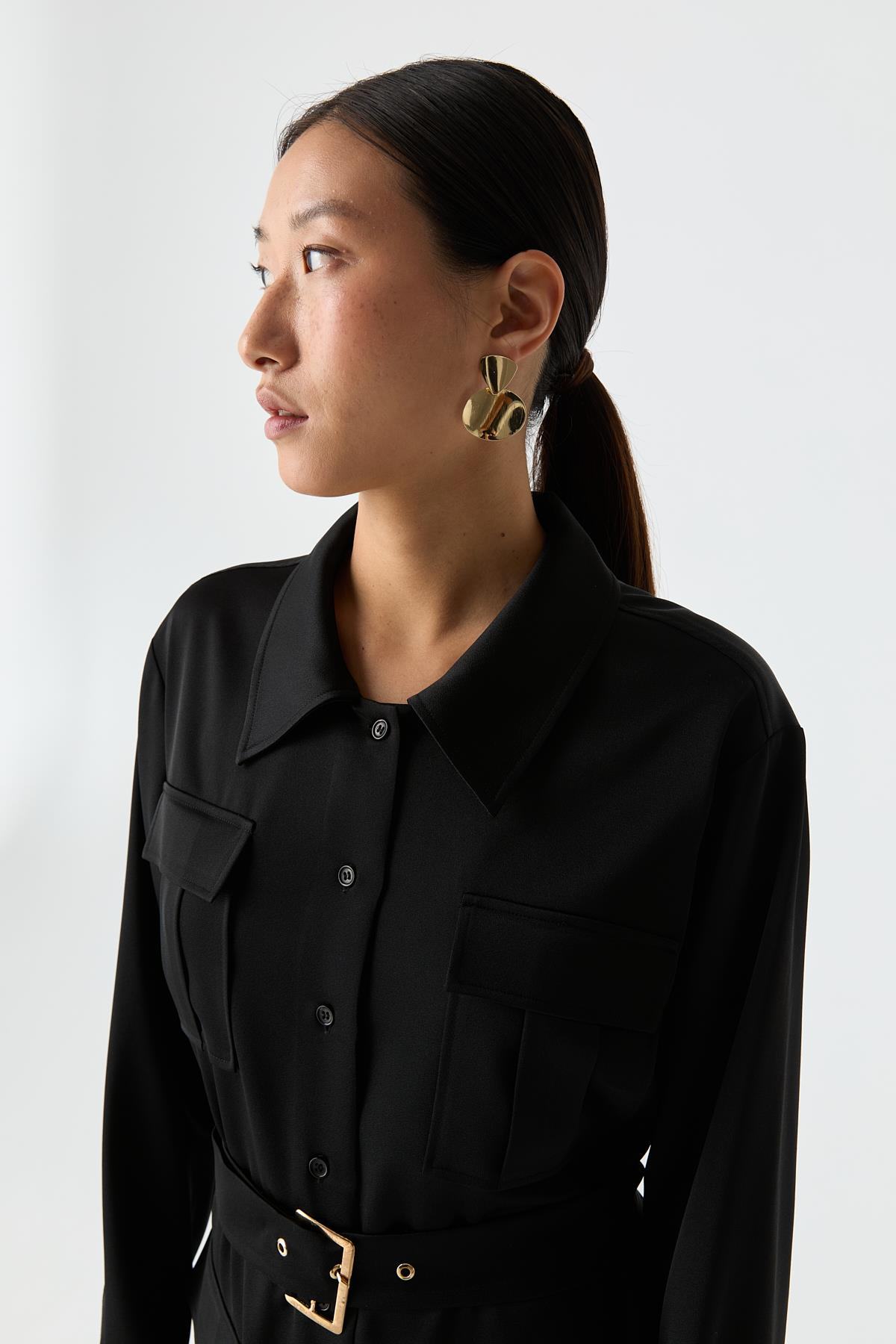 Saten Dokulu Utility Elbise SİYAH{KATEGORİ}