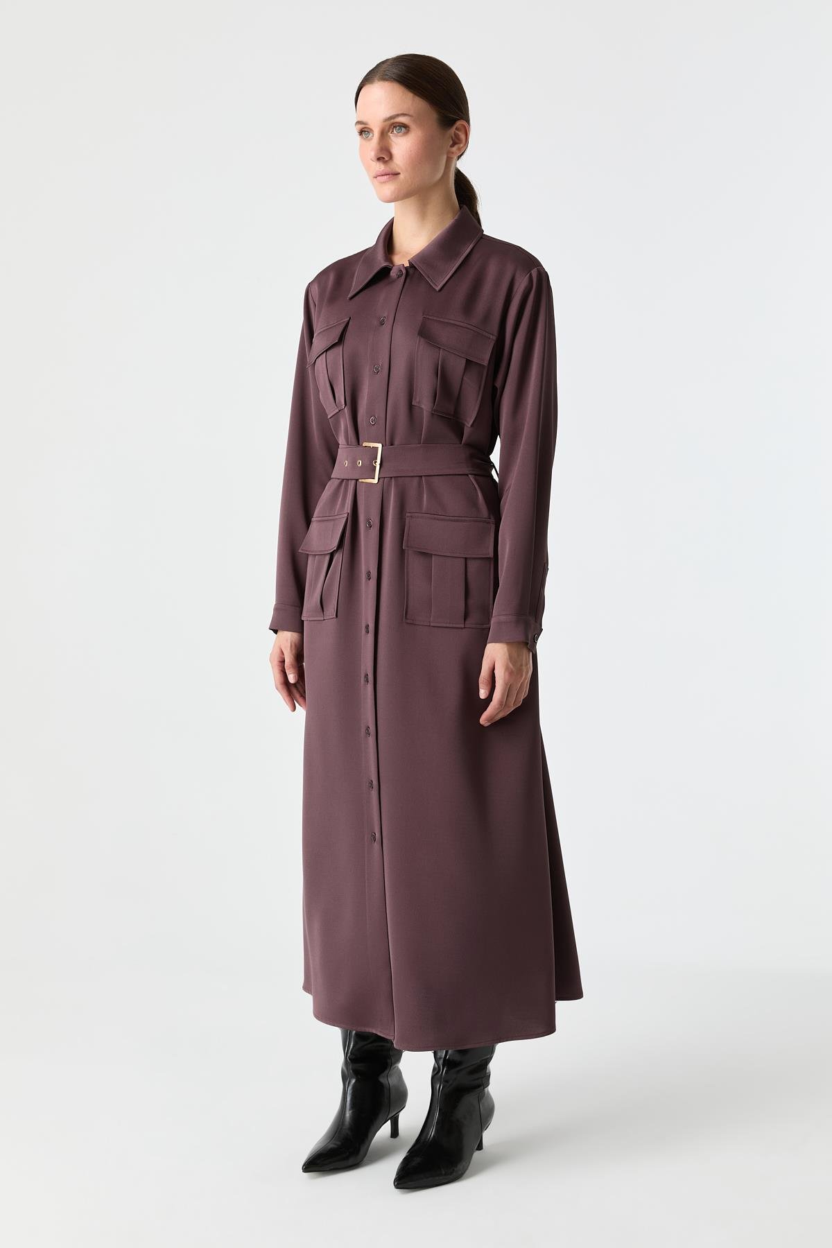 Saten Dokulu Utility Elbise İNCİR{KATEGORİ}