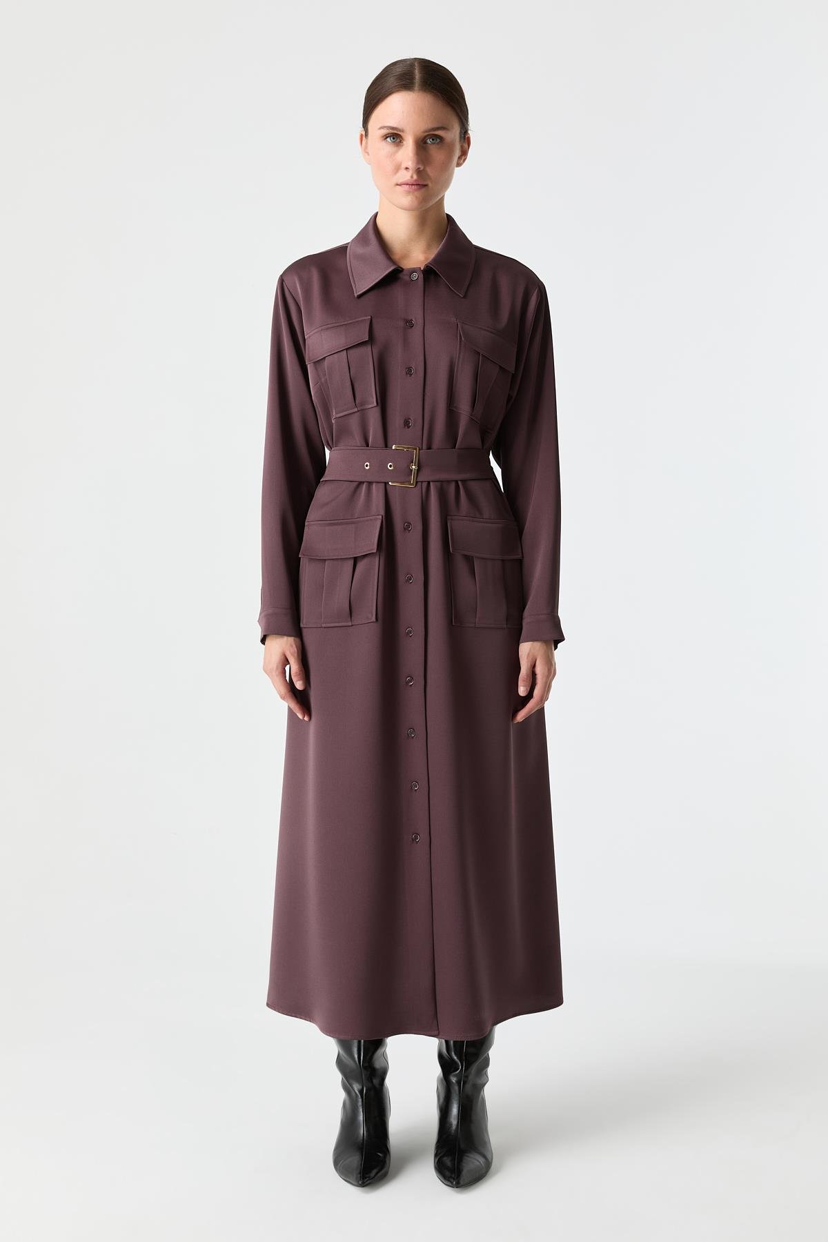 Saten Dokulu Utility Elbise İNCİR{KATEGORİ}