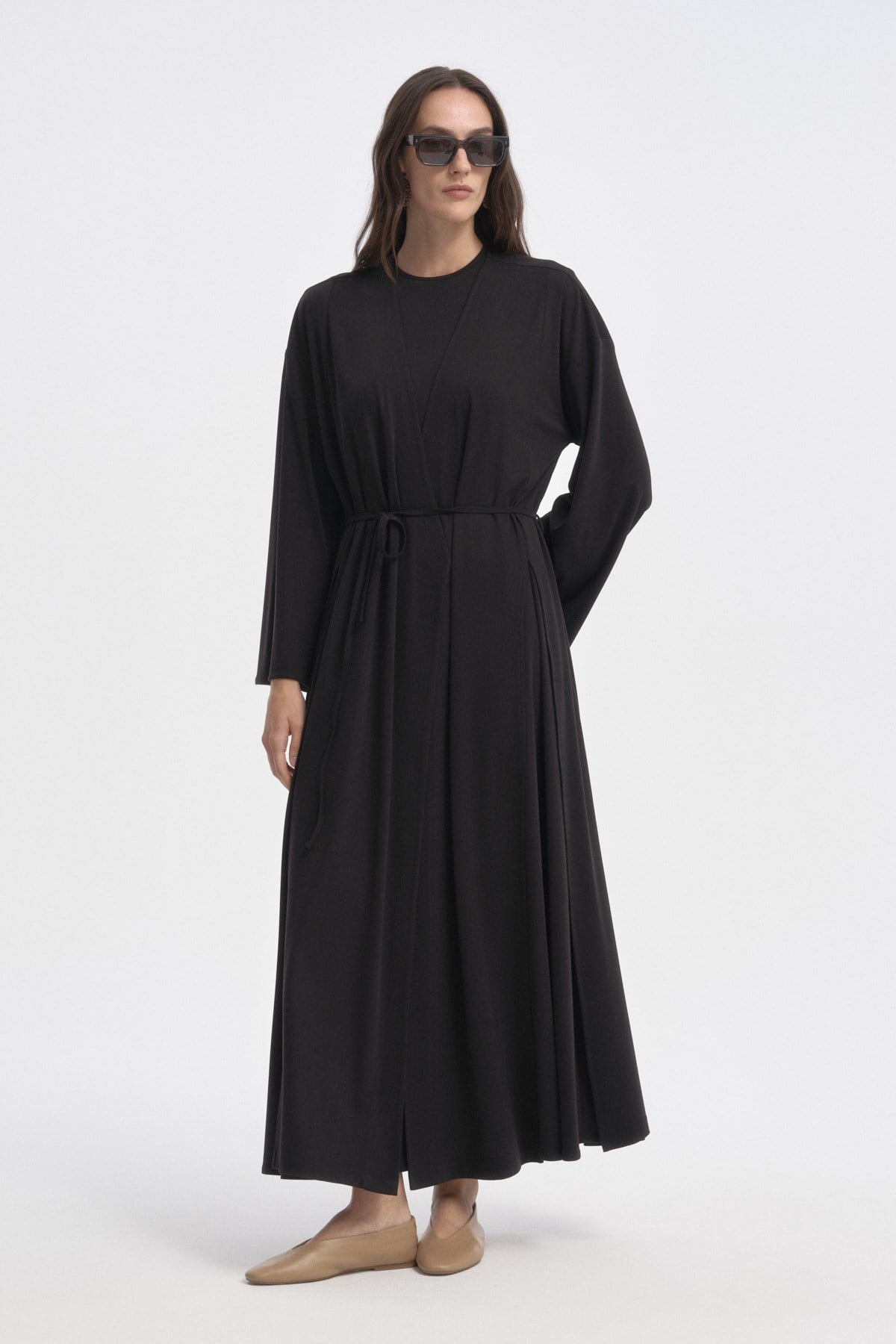 Soft Dokulu Derin Yırtmaçlı Kimono SİYAH{KATEGORİ}