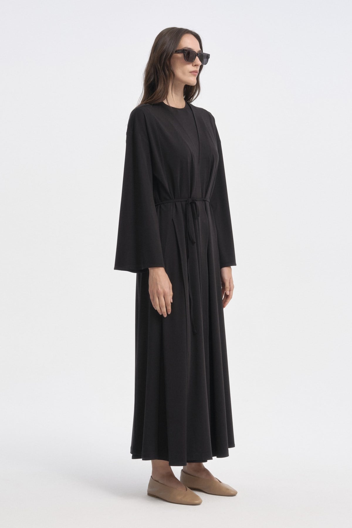 Soft Dokulu Derin Yırtmaçlı Kimono SİYAH{KATEGORİ}