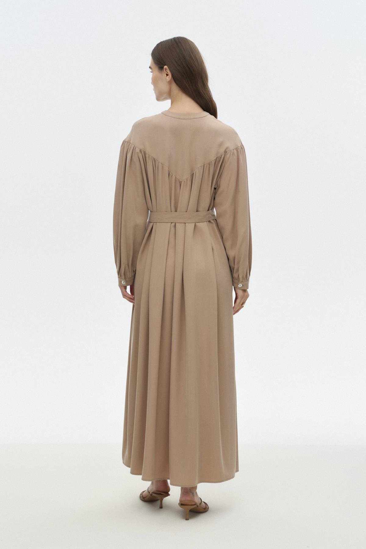 Üçgen Büzgülü Tensel Elbise BEJ{KATEGORİ}