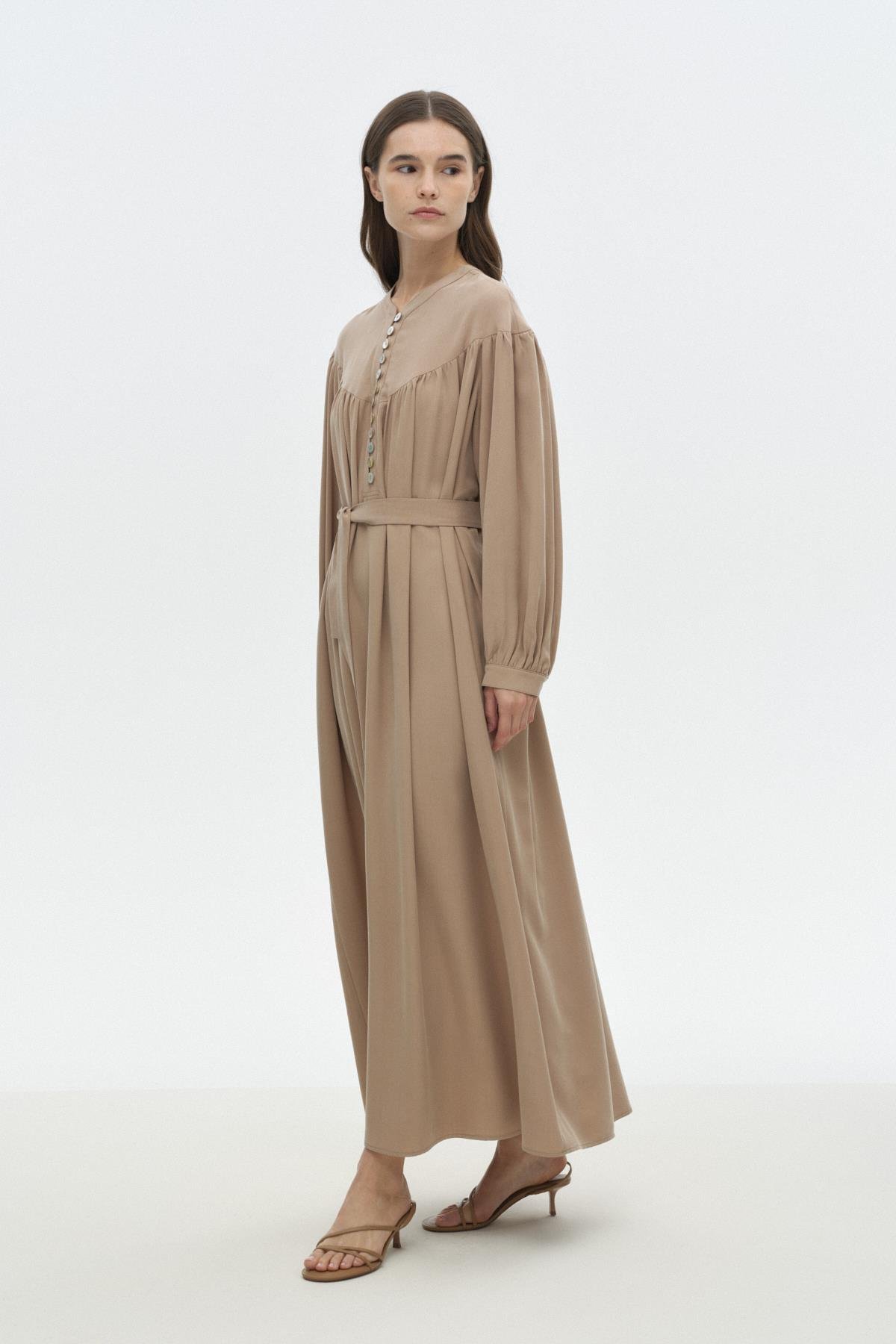 Üçgen Büzgülü Tensel Elbise BEJ{KATEGORİ}