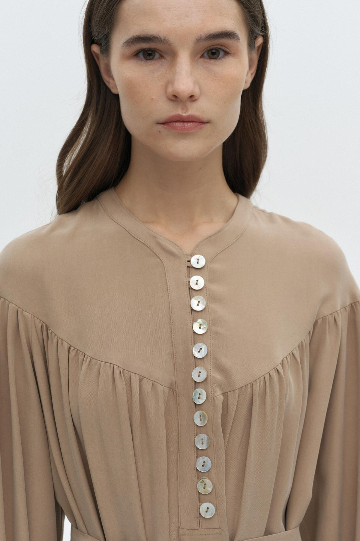 Üçgen Büzgülü Tensel Elbise BEJ{KATEGORİ}