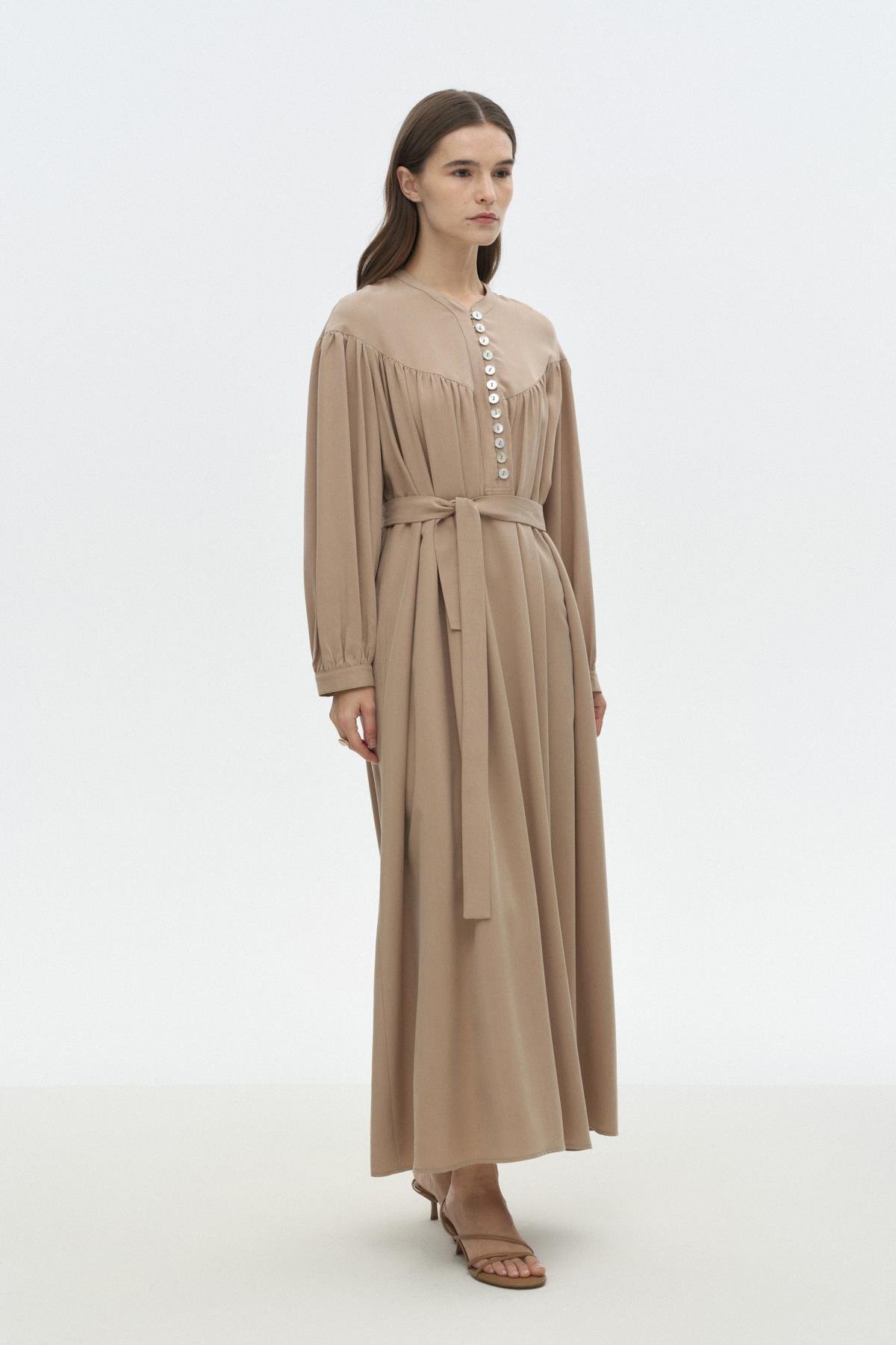 Üçgen Büzgülü Tensel Elbise BEJ{KATEGORİ}