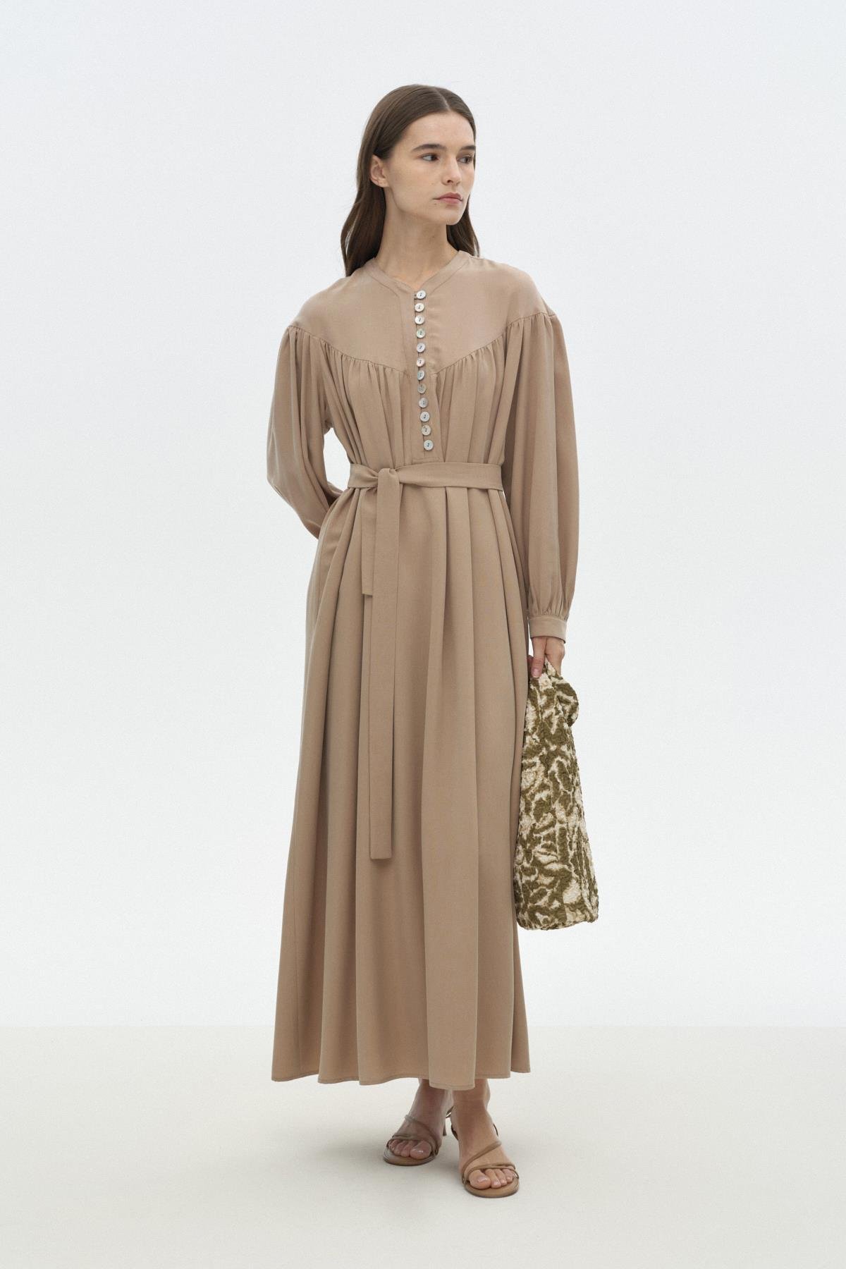 Üçgen Büzgülü Tensel Elbise BEJ{KATEGORİ}