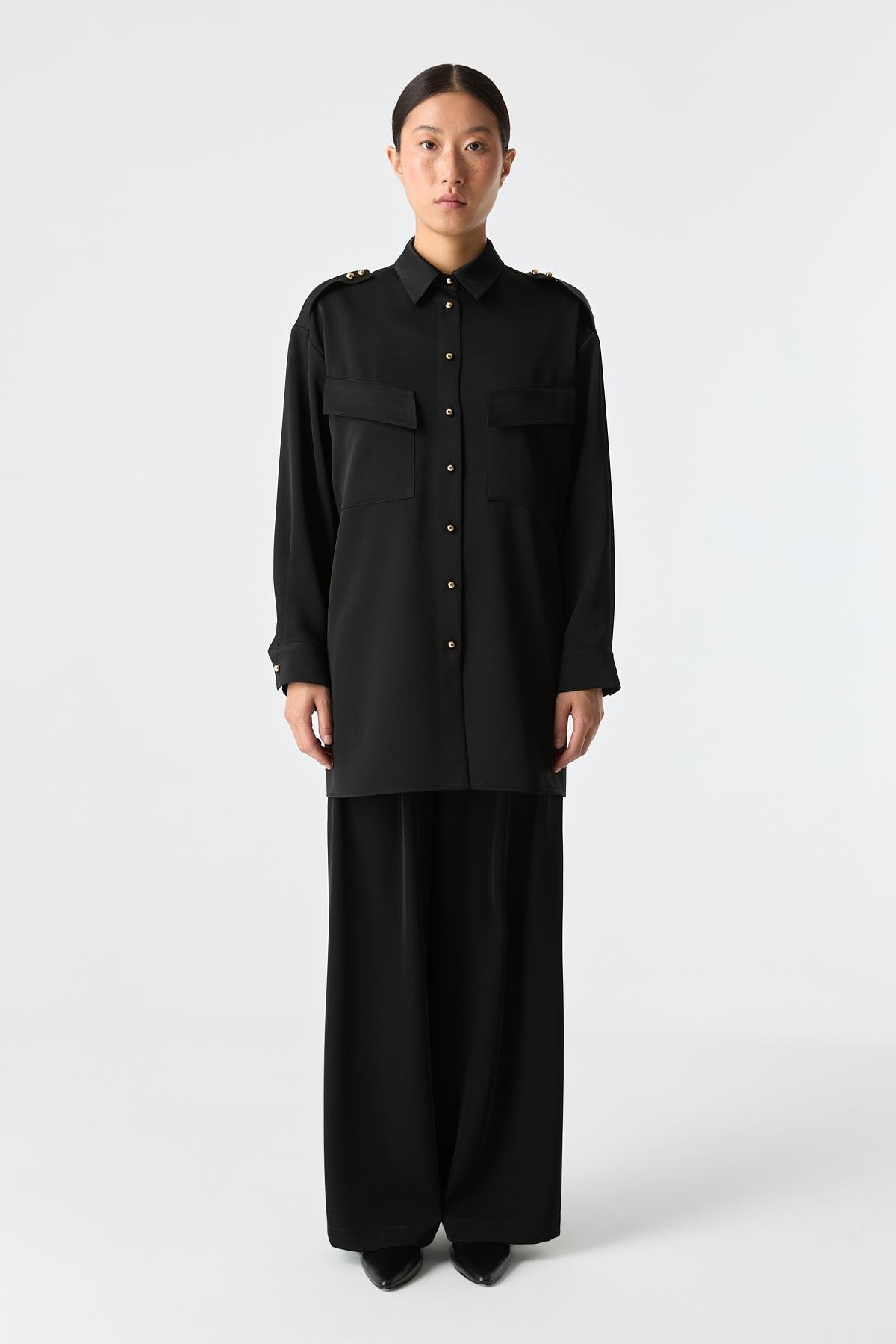 Utility Saten Gömlek SİYAH{KATEGORİ}