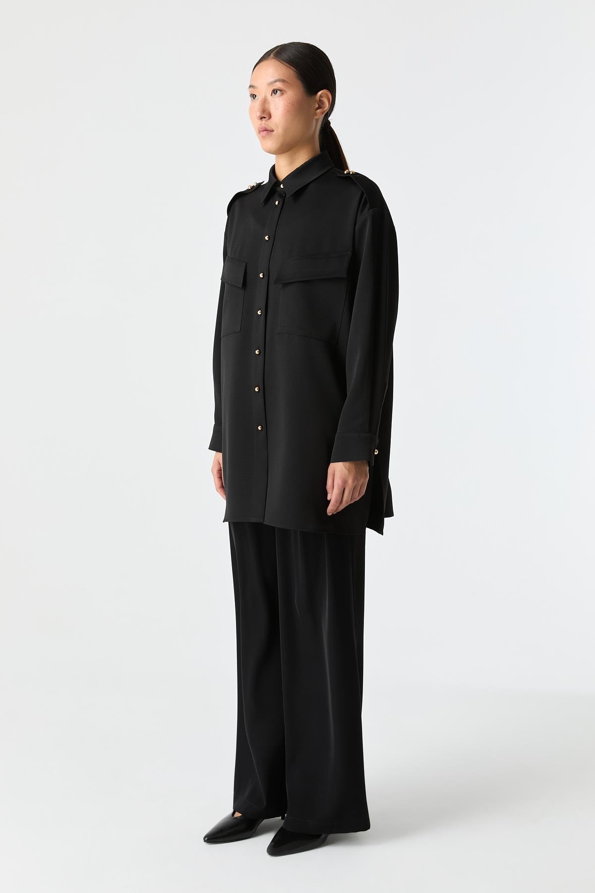 Utility Saten Gömlek SİYAH{KATEGORİ}