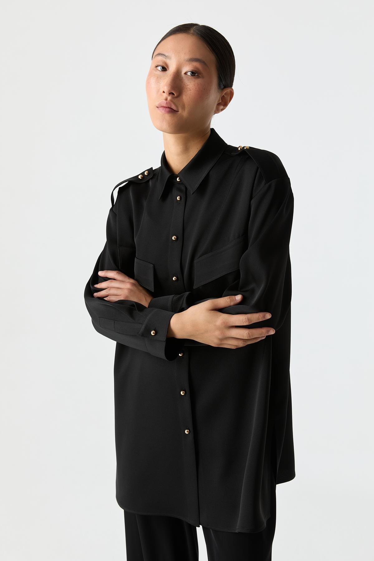 Utility Saten Gömlek SİYAH{KATEGORİ}