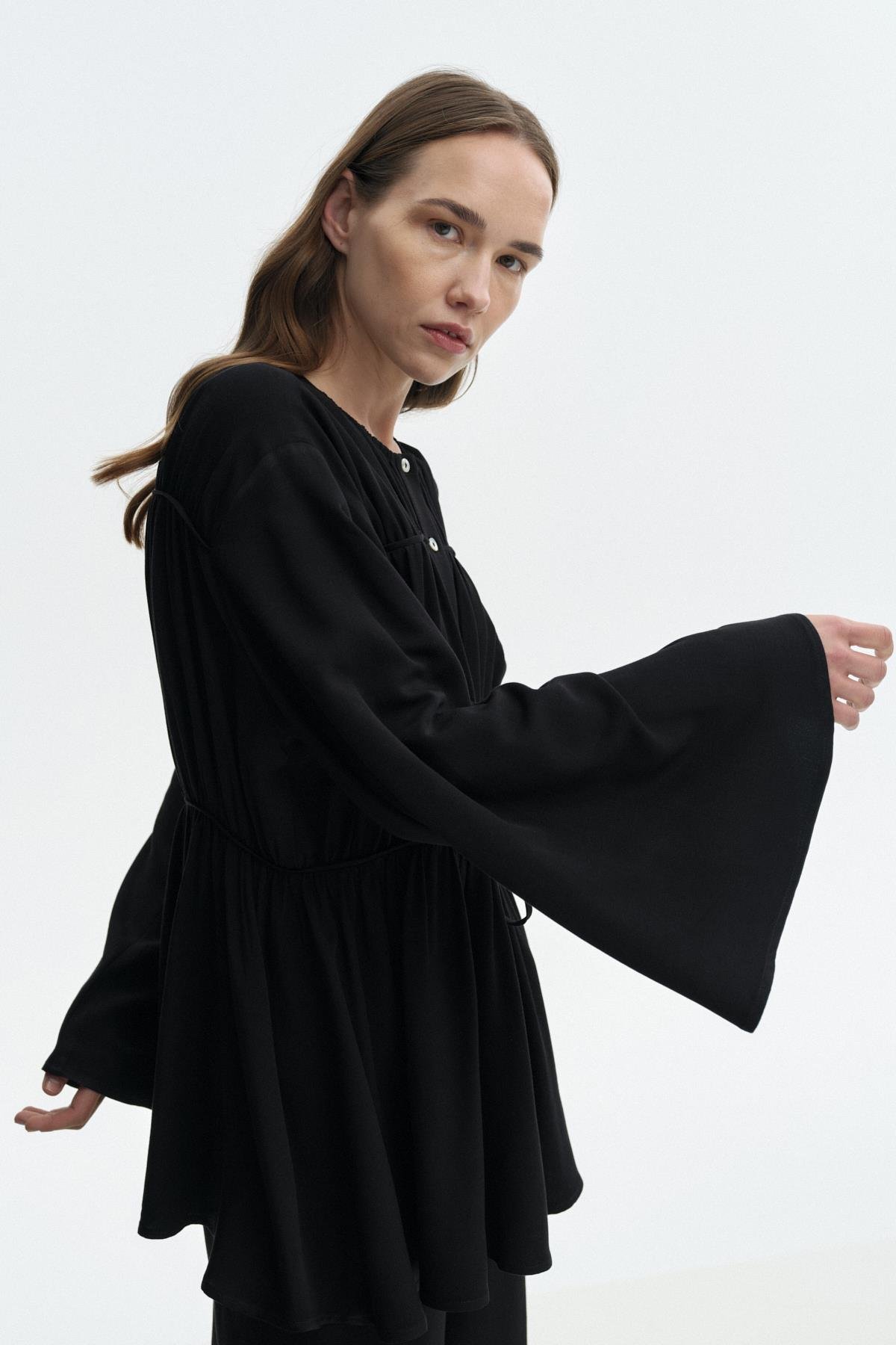 Viskon-Keten Bağ Detaylı Gömlek SİYAH{KATEGORİ}