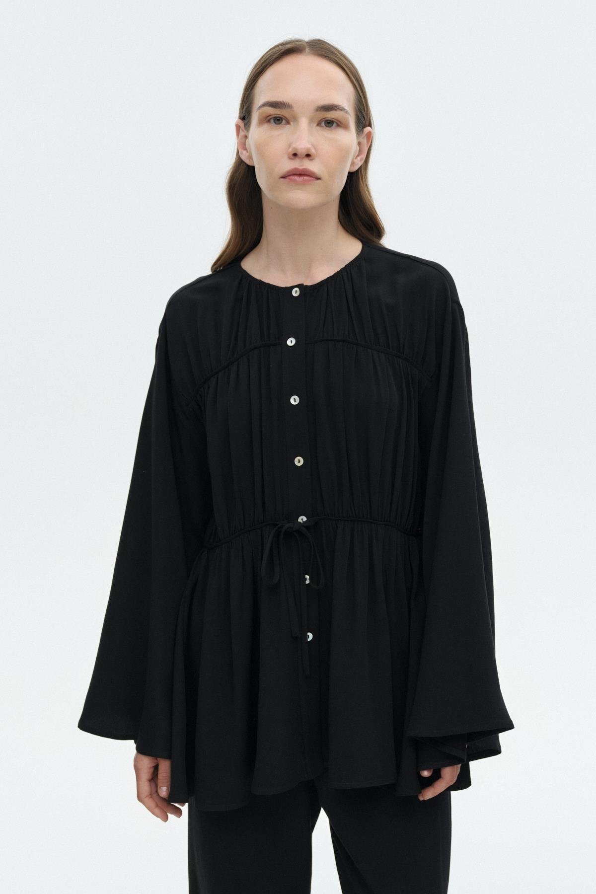 Viskon-Keten Bağ Detaylı Gömlek SİYAH{KATEGORİ}