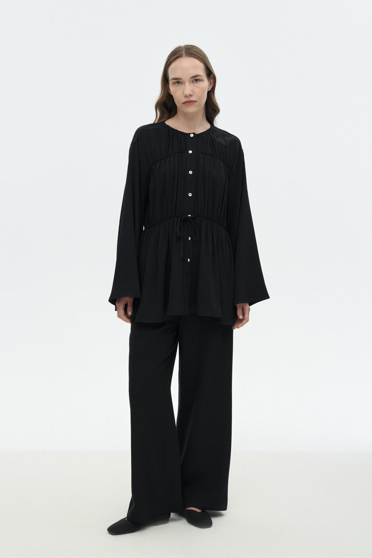 Viskon-Keten Bağ Detaylı Gömlek SİYAH{KATEGORİ}