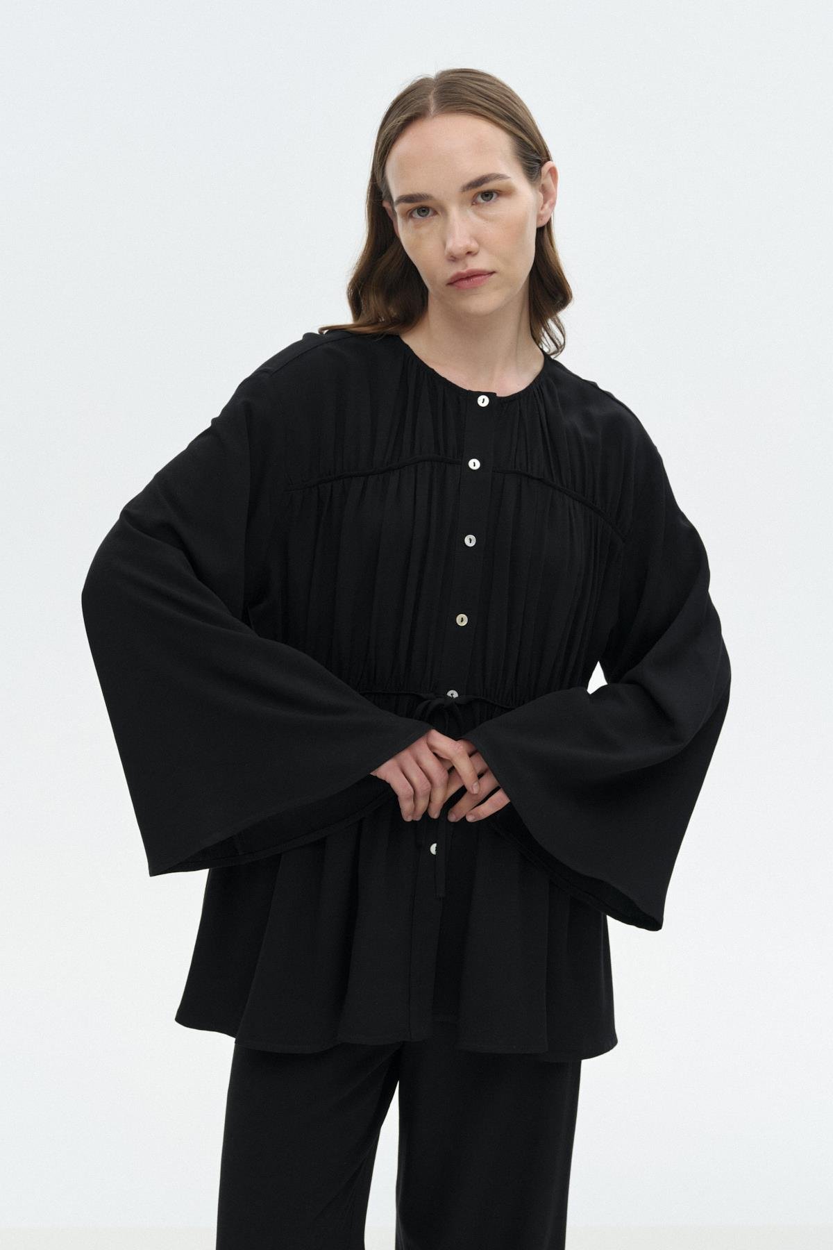 Viskon-Keten Bağ Detaylı Gömlek SİYAH{KATEGORİ}