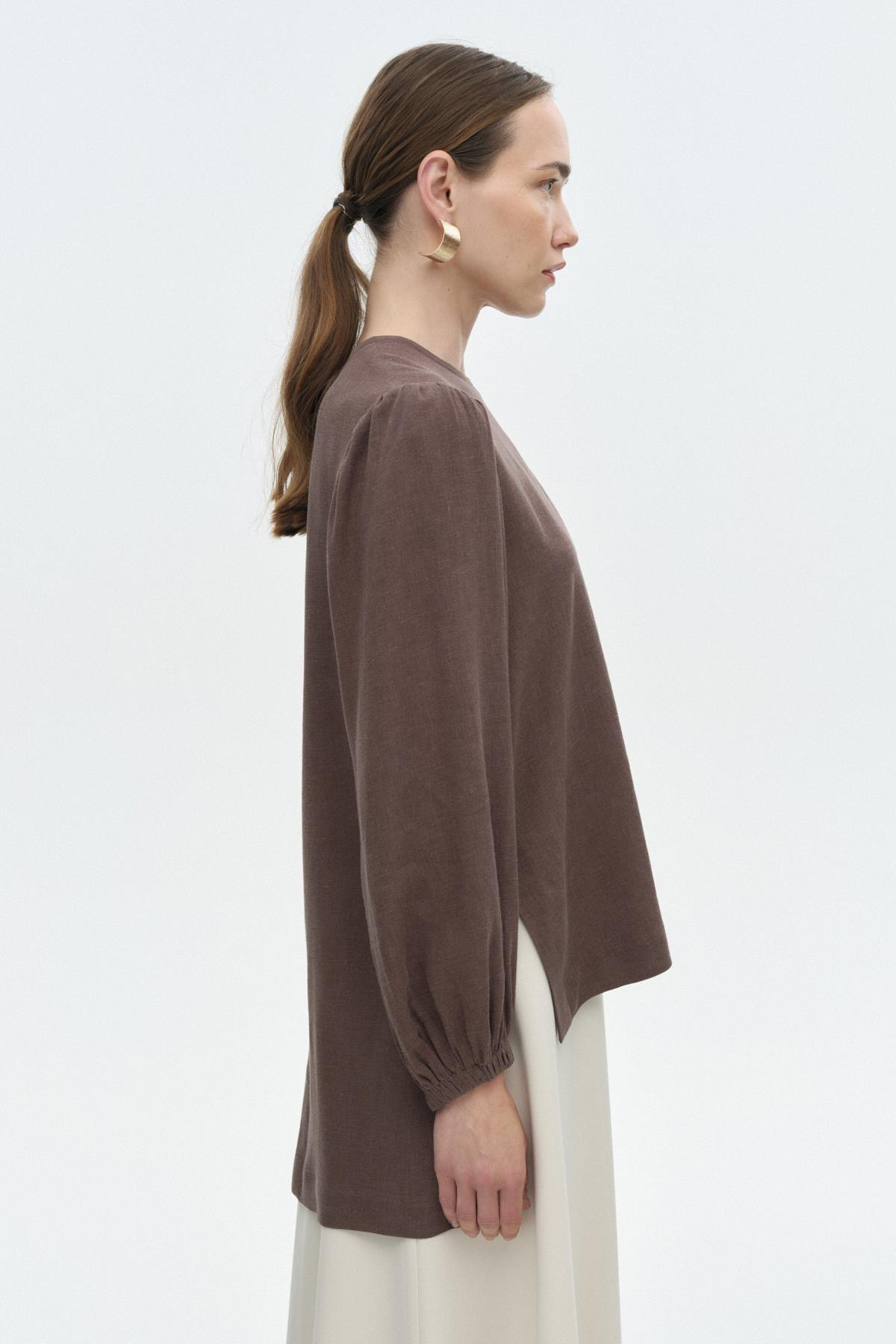 Yırtmaçlı Keten Bluz KAHVERENGİ{KATEGORİ}