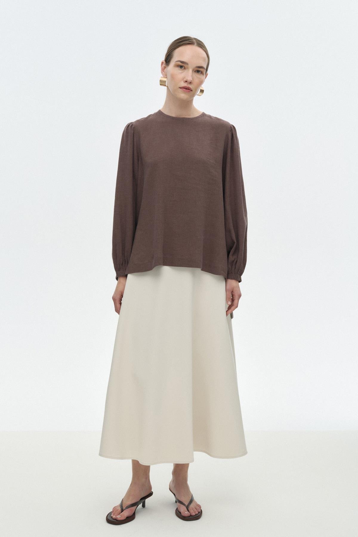 Yırtmaçlı Keten Bluz KAHVERENGİ{KATEGORİ}