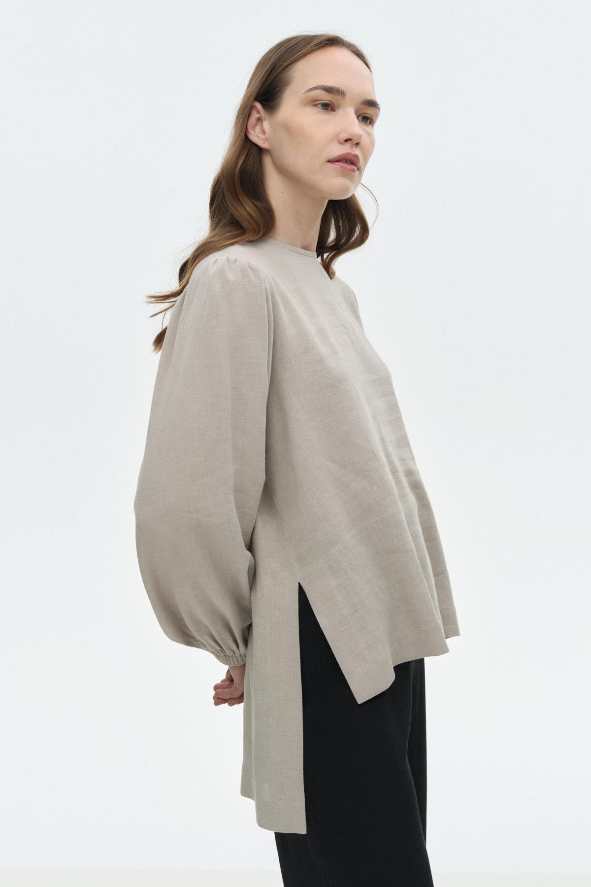 Yırtmaçlı Keten Bluz TAŞ{KATEGORİ}