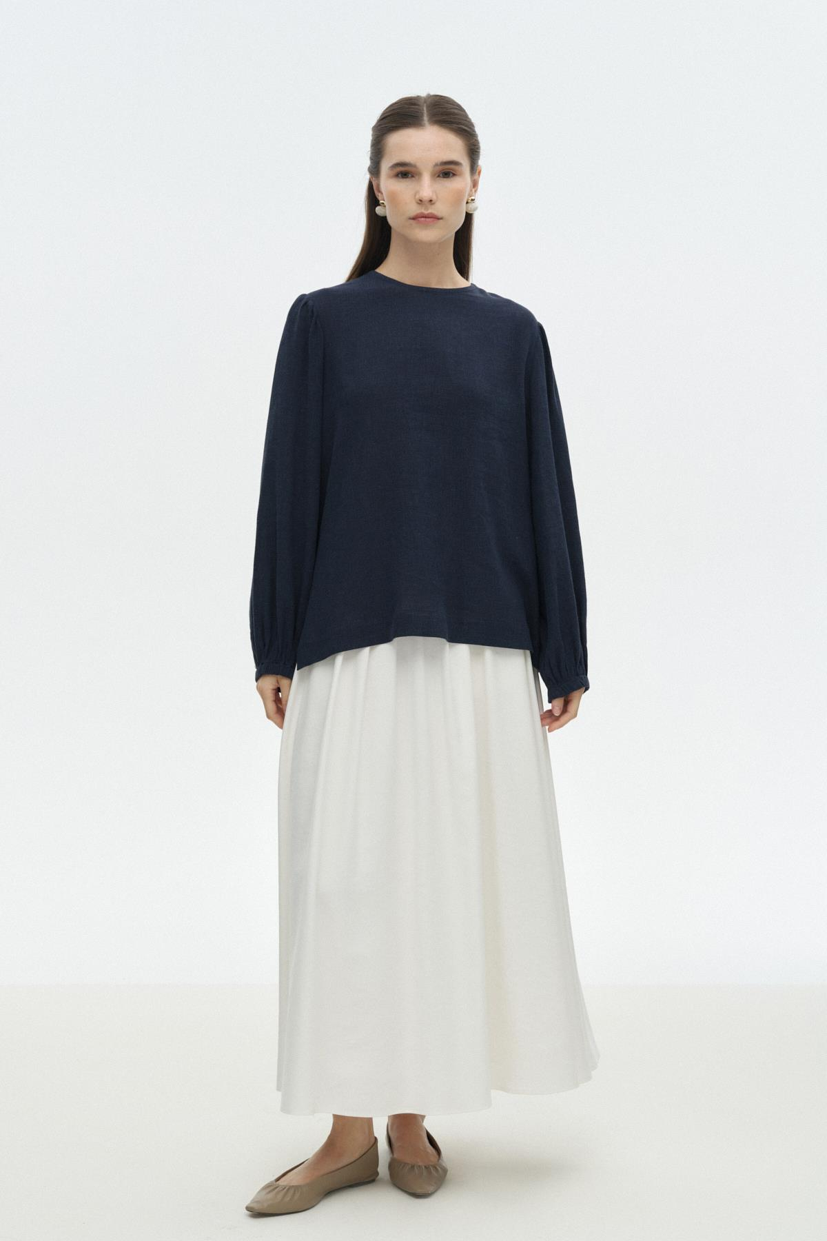 Yırtmaçlı Keten Bluz LACİVERT{KATEGORİ}