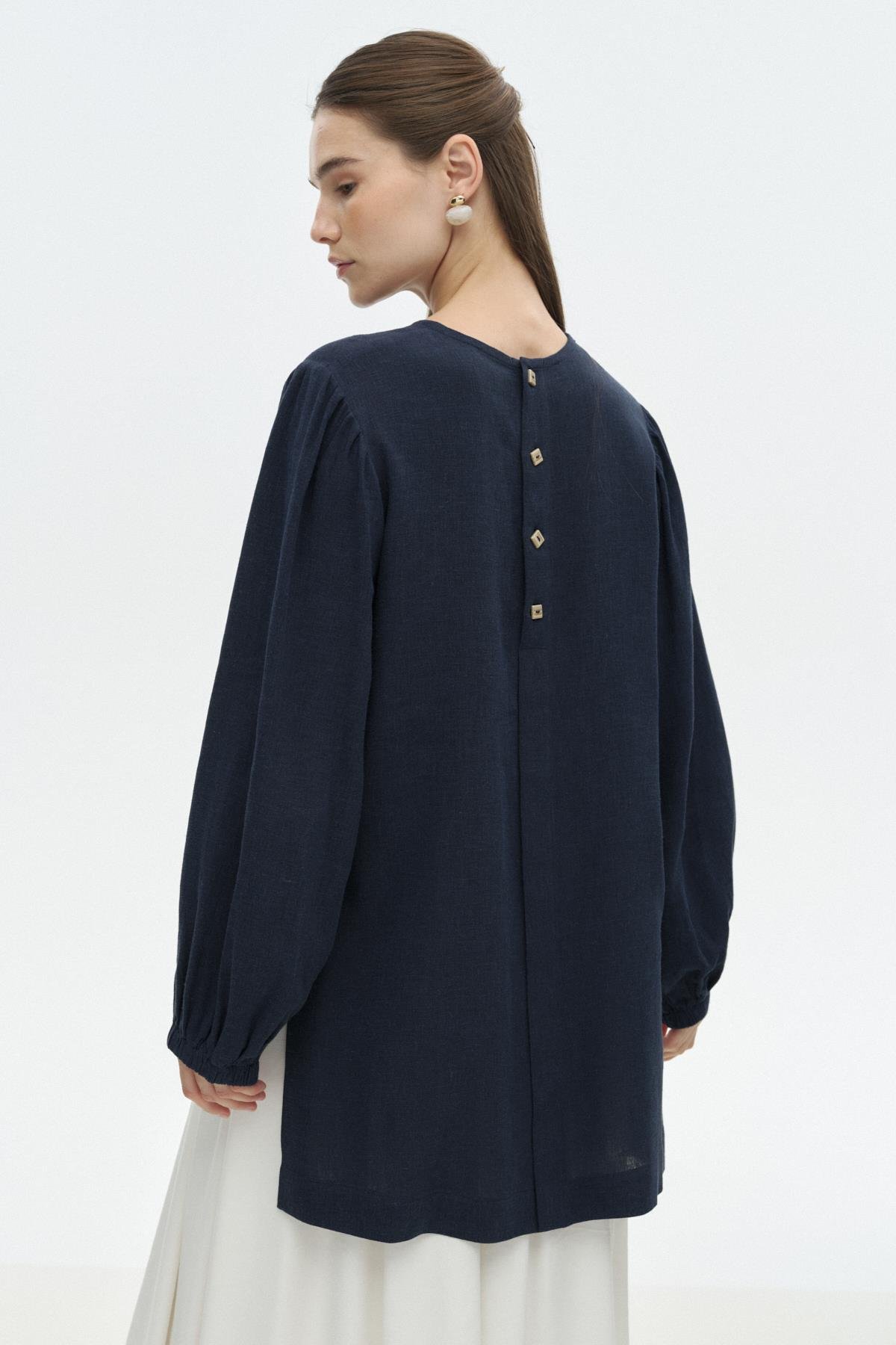 Yırtmaçlı Keten Bluz LACİVERT{KATEGORİ}