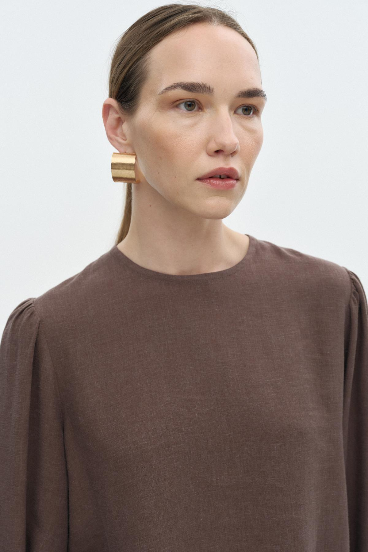 Yırtmaçlı Keten Bluz KAHVERENGİ{KATEGORİ}