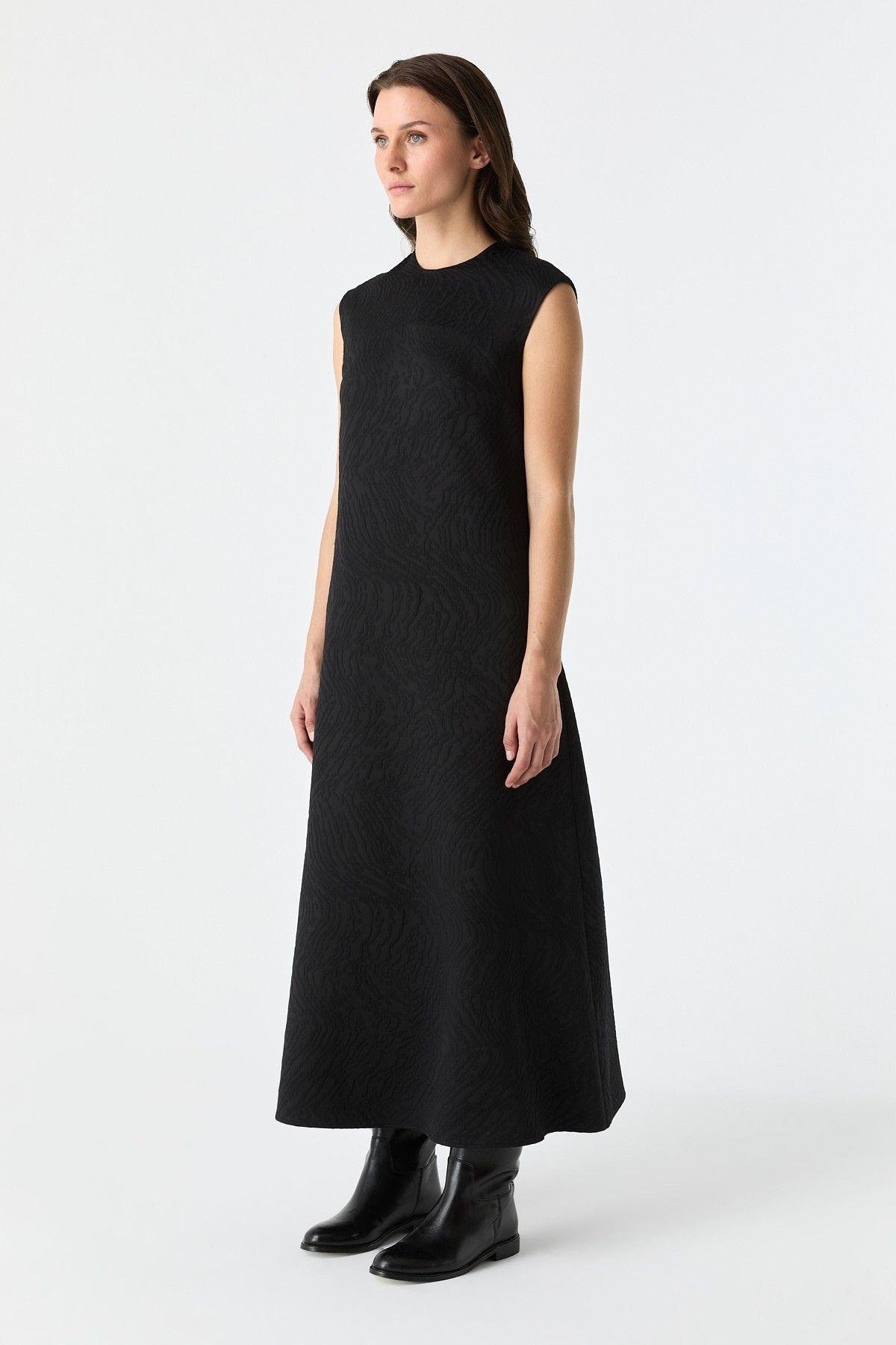 Yüzey Efektli Fermuarlı Elbise SİYAH{KATEGORİ}