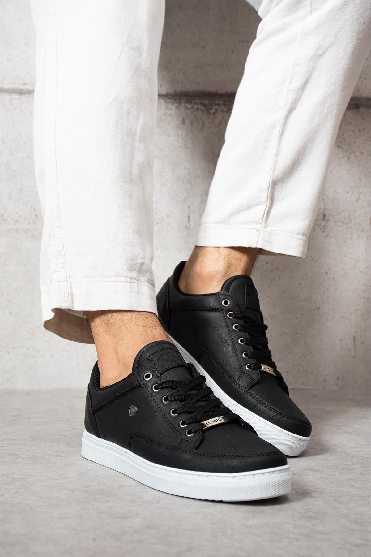 L.A Polo 08 Siyah Renk Beyaz Tabanlı Bağcıklı Günlük Erkek Spor Ayakkabı