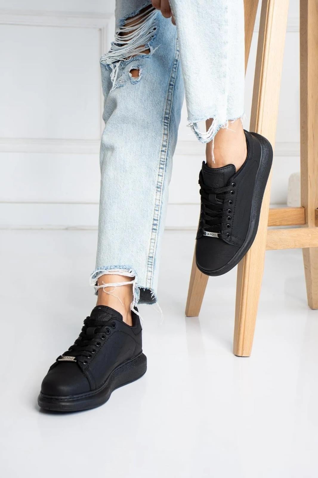 L.A Polo 051 Siyah Renk Siyah Tabanlı Bağcıklı Günlük Kadın Spor Ayakkabı