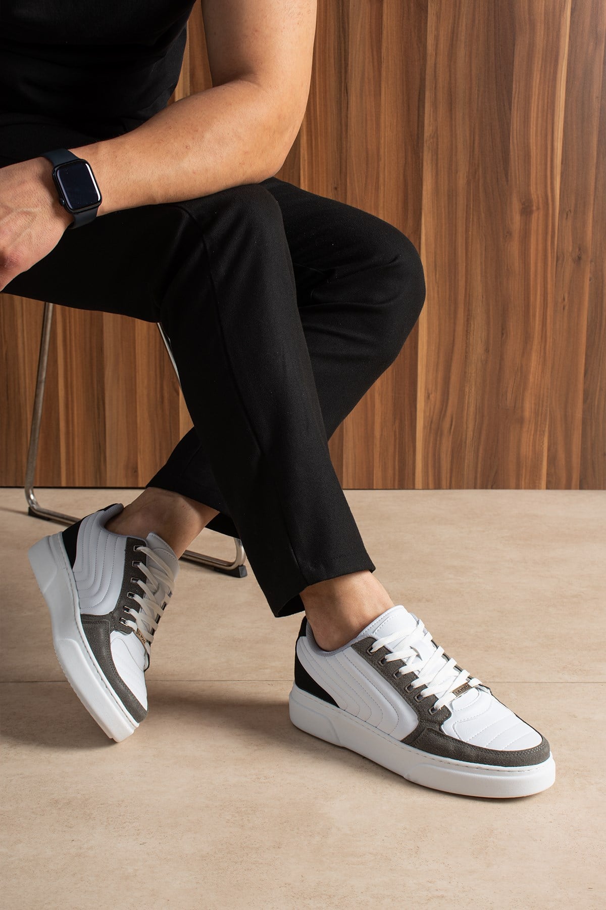 Dikişli Beyaz Füme Erkek Sneaker