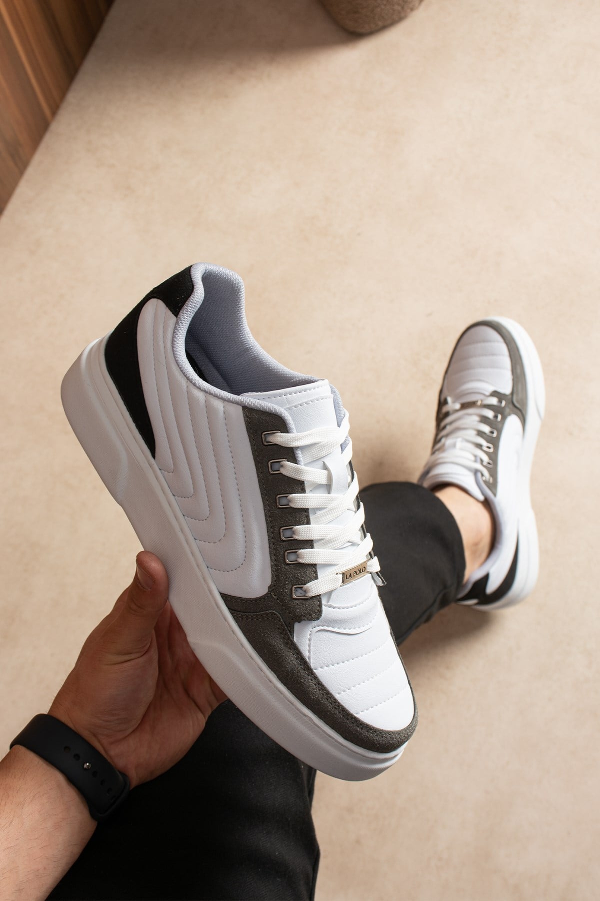 Dikişli Beyaz Füme Erkek Sneaker