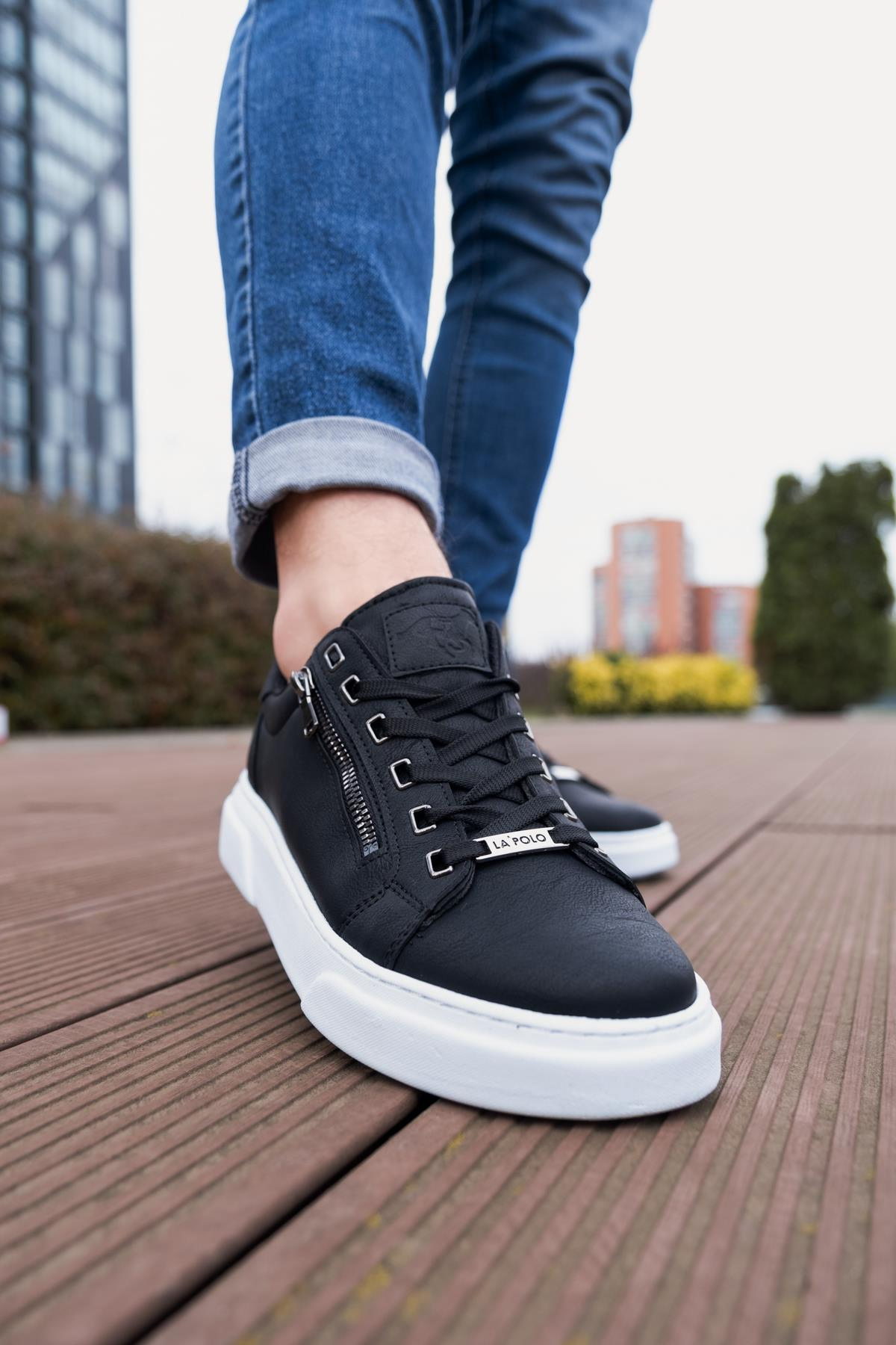 Kalın Taban Fermuar Detaylı Siyah Beyaz Erkek Sneaker