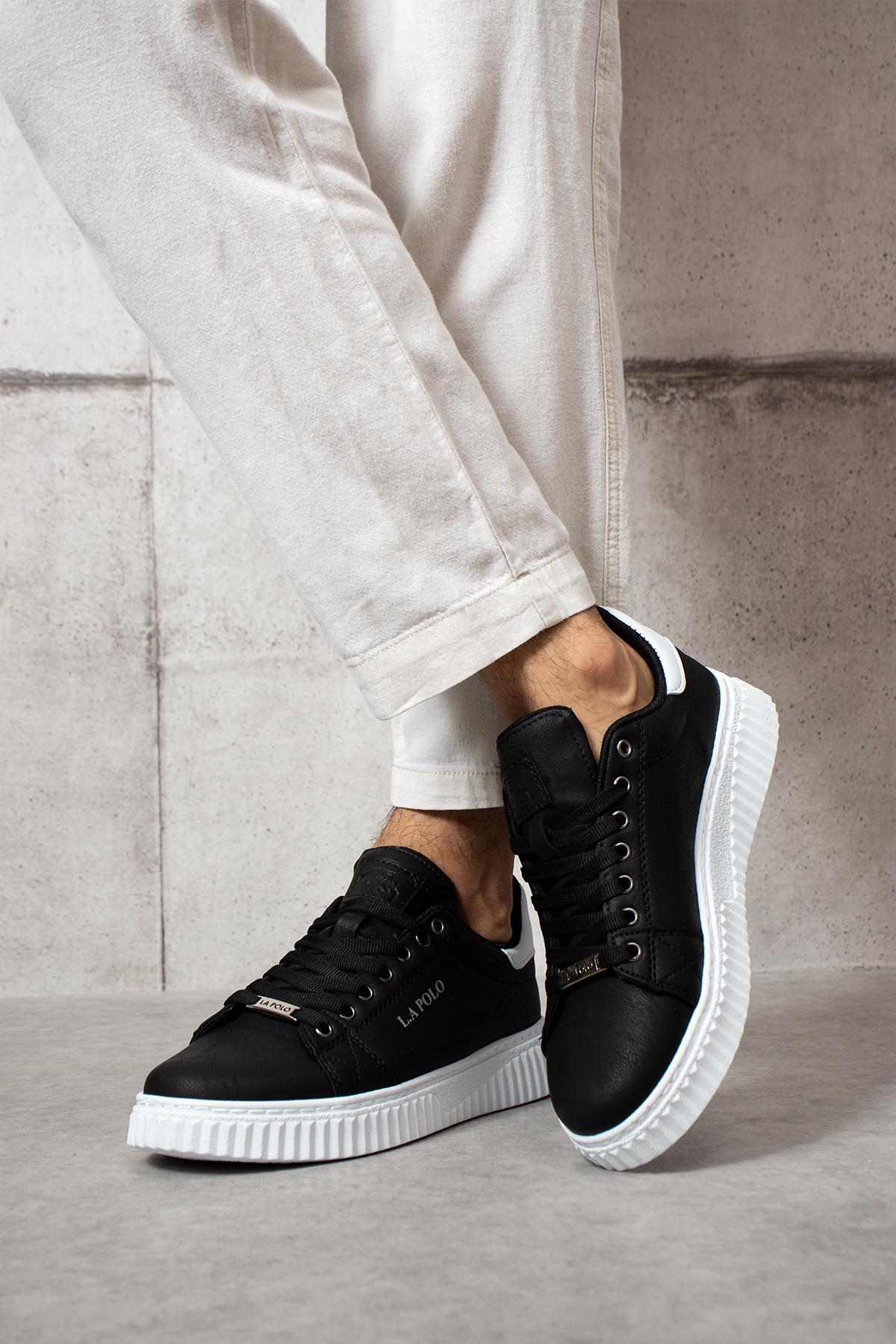 L.A Polo 505 Siyah Beyaz Renk Beyaz Tabanlı Bağcıklı Günlük Erkek Spor Ayakkabı