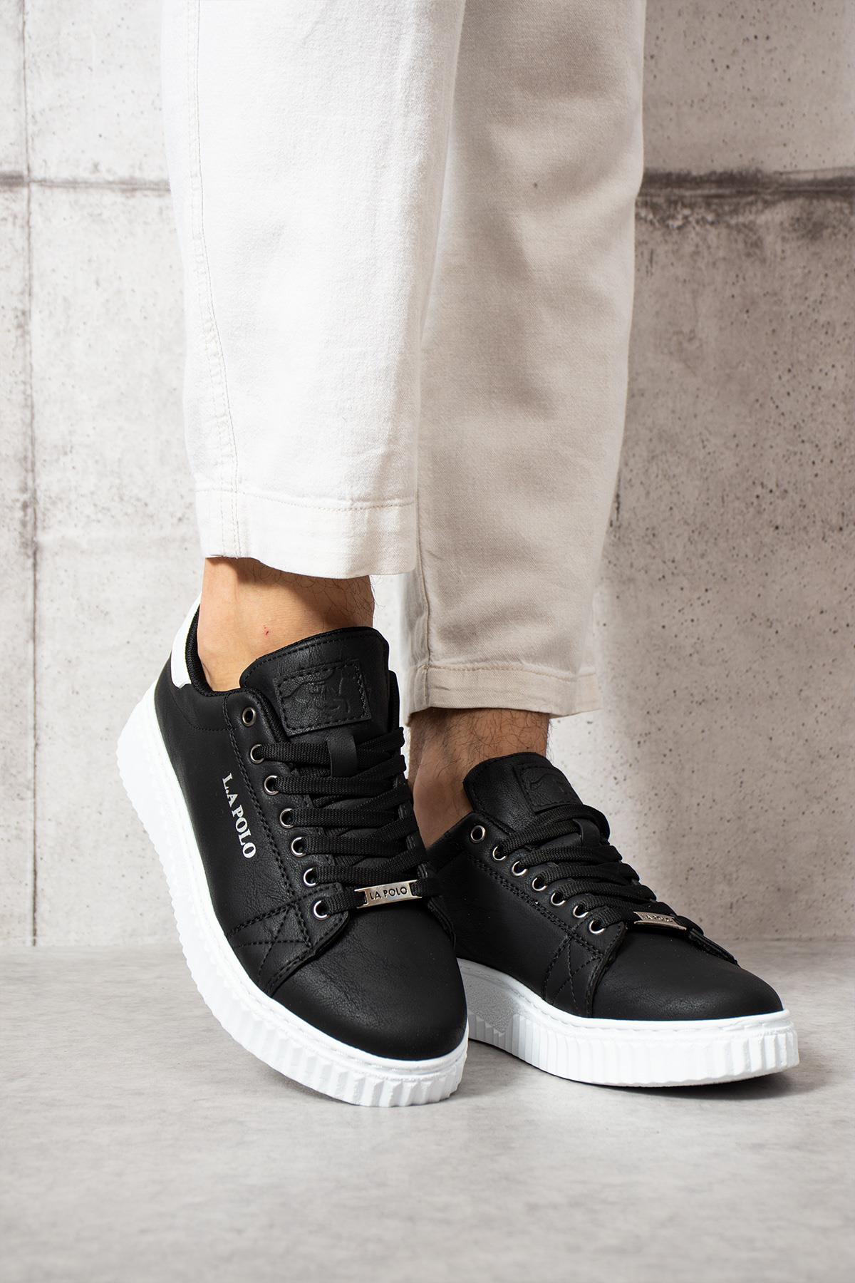 L.A Polo 505 Siyah Beyaz Renk Beyaz Tabanlı Bağcıklı Günlük Erkek Spor Ayakkabı